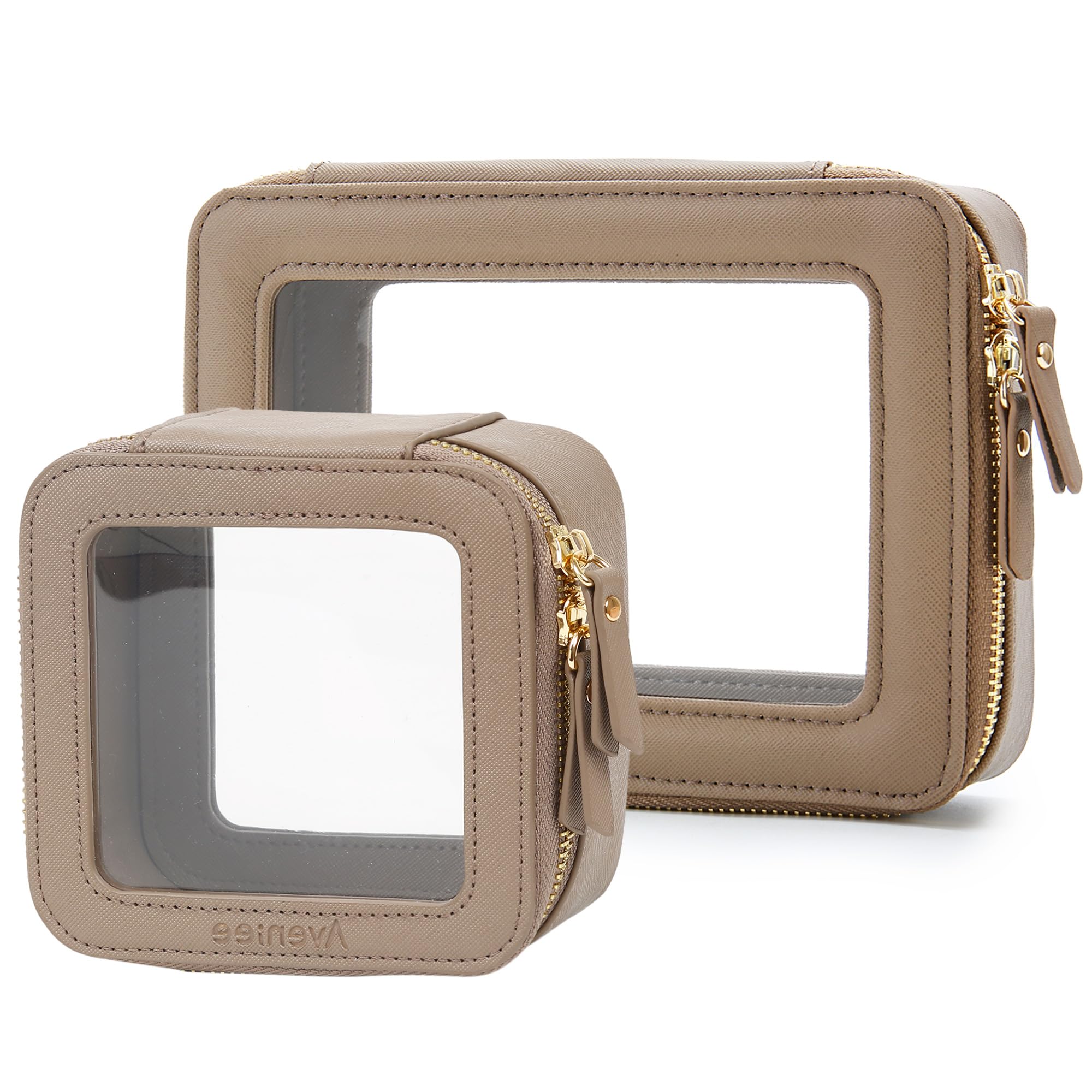 Aveniee Clear Makeup Bag Set (2-Piece Mini &amp; Midi) - Travel Toiletry Organizer for Women, Waterproof Cosmetic Pouch &amp; Car Accessory for Travel Size Toiletries, Taupe