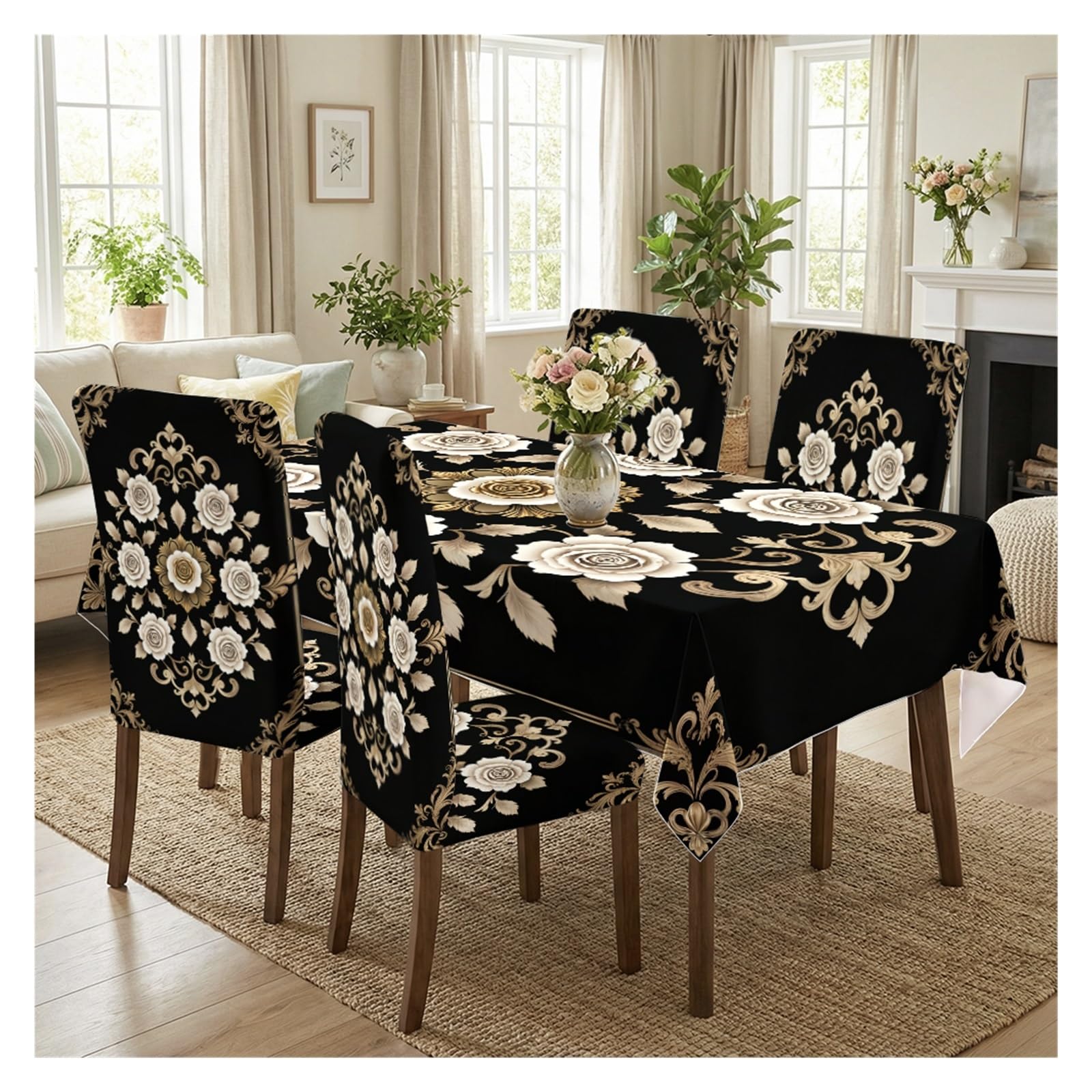 KXUAUV Black Baroque Rose Print Tablecloth & Chair Covers Set, Slipcovers For Dining Room, Kitchen, Banquet & Gothic Decor, 5/7 Pack Party Decor(5pcs Set: Tablecloth+Chair Covers)