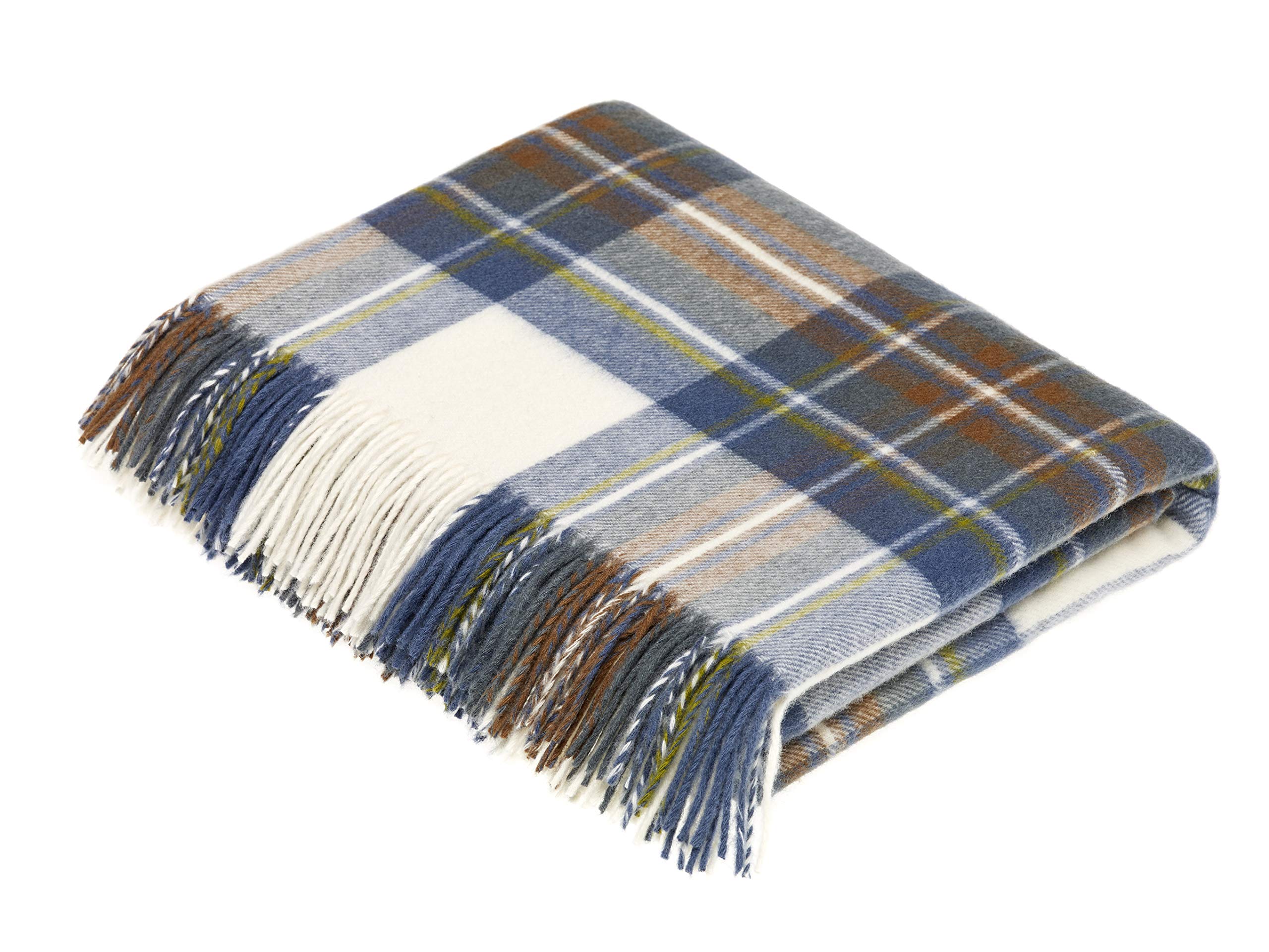 Moon Wool Plaid Throw Blanket, Pure New Wool, Muted Blue Stewart Tartan, Made in UK