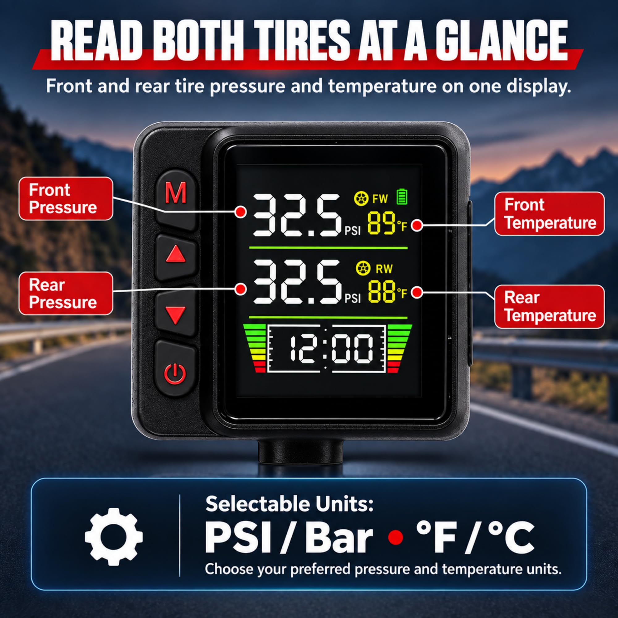 Motorrad-Reifendruckkontrollsystem, LCD, 2 Außensensoren