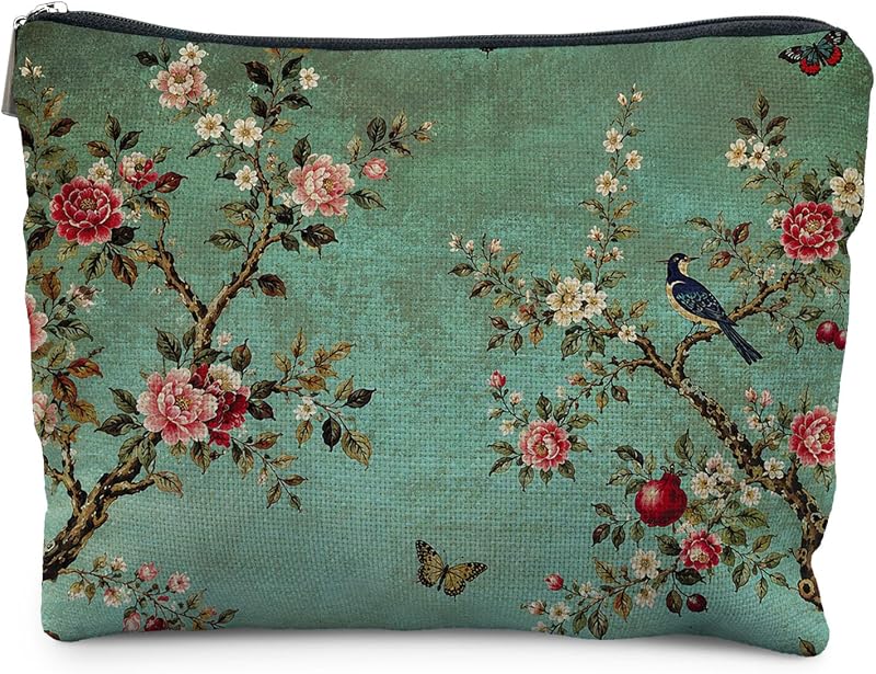 Necessaire de maquiagem VGXKJIIOD Teal Chinoiserie Bird Floral em linho com zíper, 1 unidade