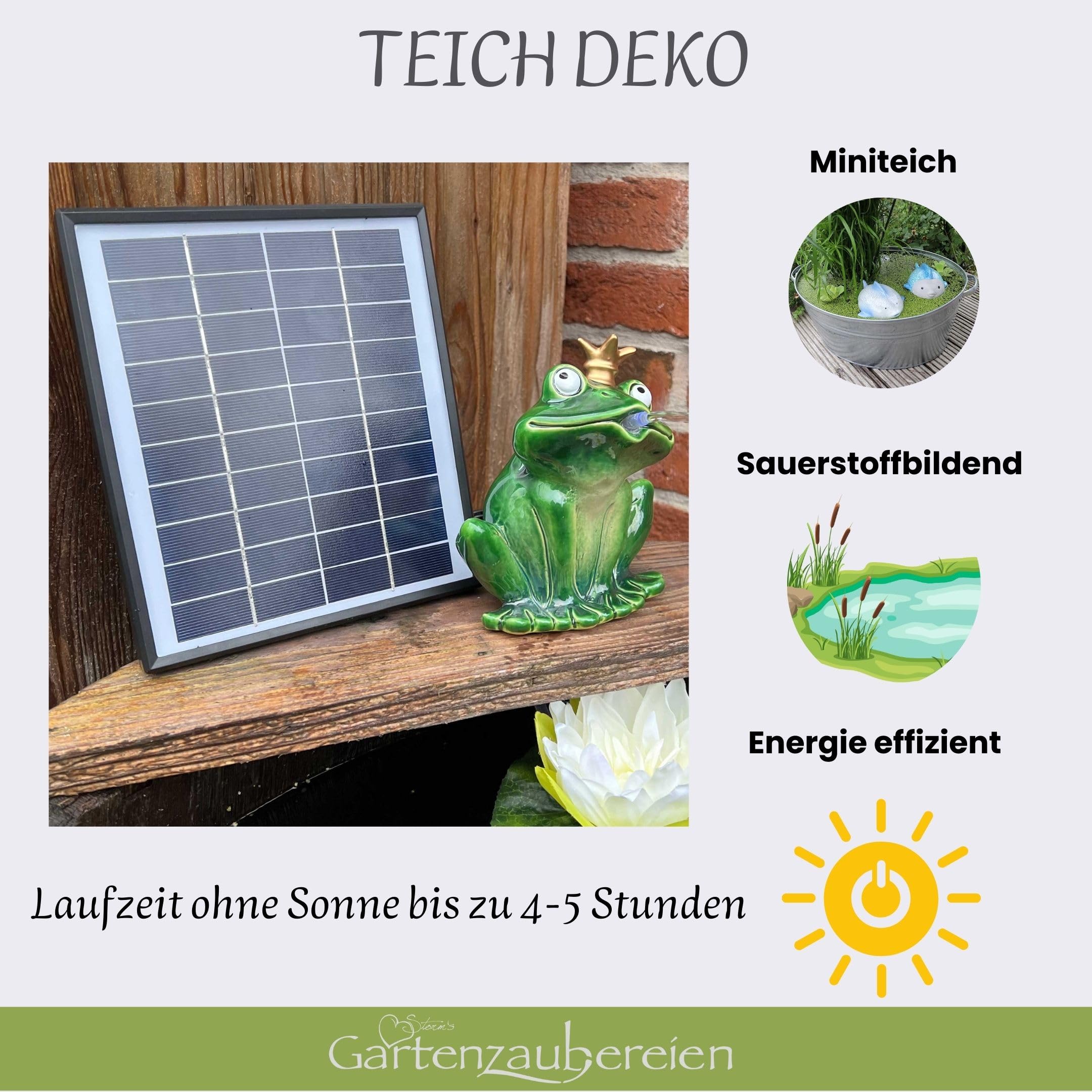 Storm's Gartenzaubereien Wasserspeier Frosch mit Akku Solarpumpe 16cm aus Keramik Laufzeit ohne Sonne 4-5 Stunden