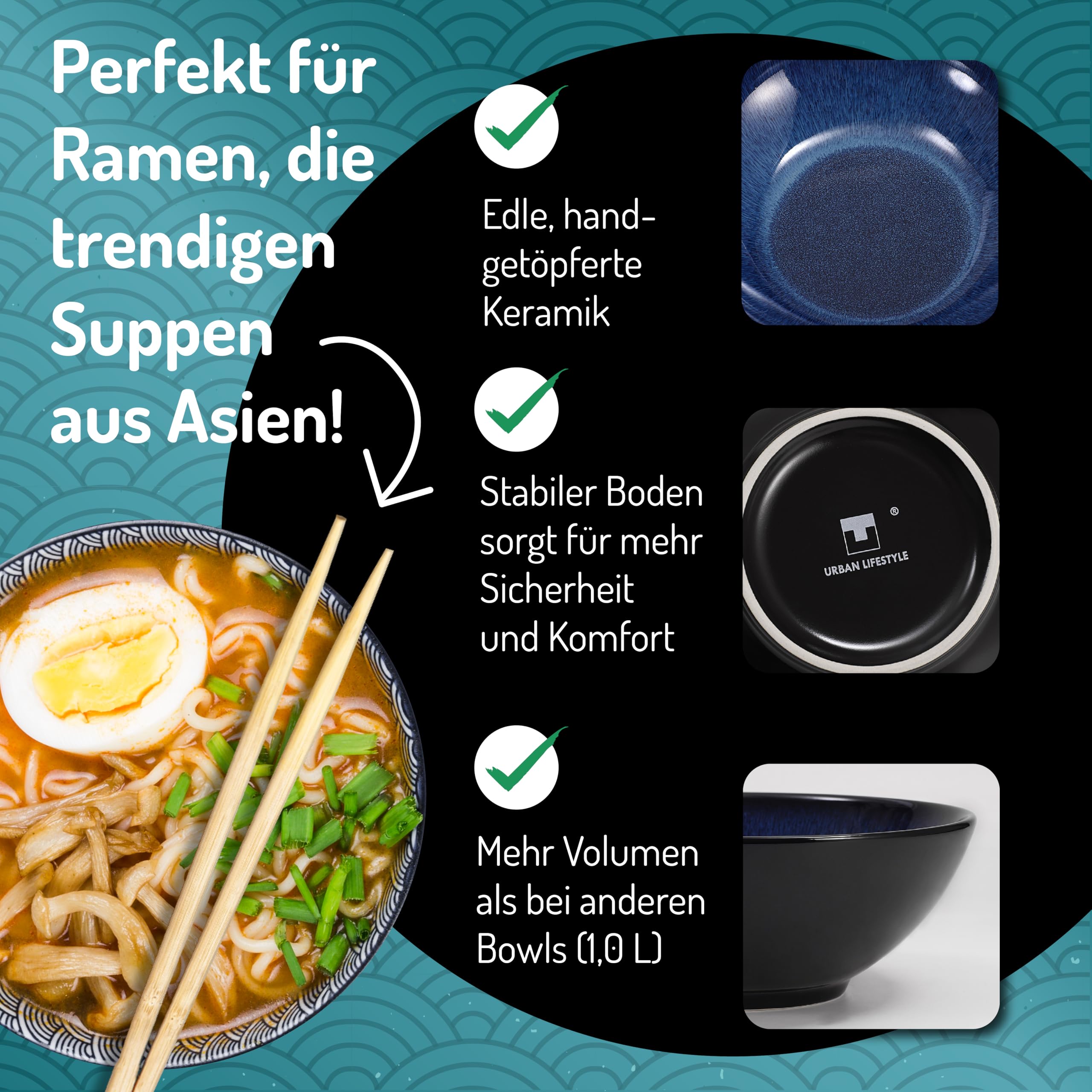 Ramen Ciotola in ceramica, 20 cm, blu, 1000 ml, ciotola per insalata, zuppa, ciotola per pasta, ciotola per cereali, zuppa Pho