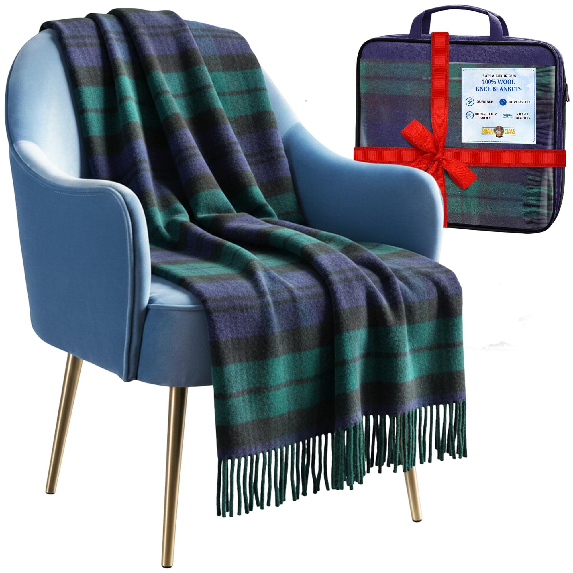 100% Pure Wool Knee blankets for elderly, Adults - 74x31" - Scottish tartans - Fringed edges, check Cosy sofa throws - Reading, Wheel chair, Travel - winter Blanket (Black Watch Tartan)