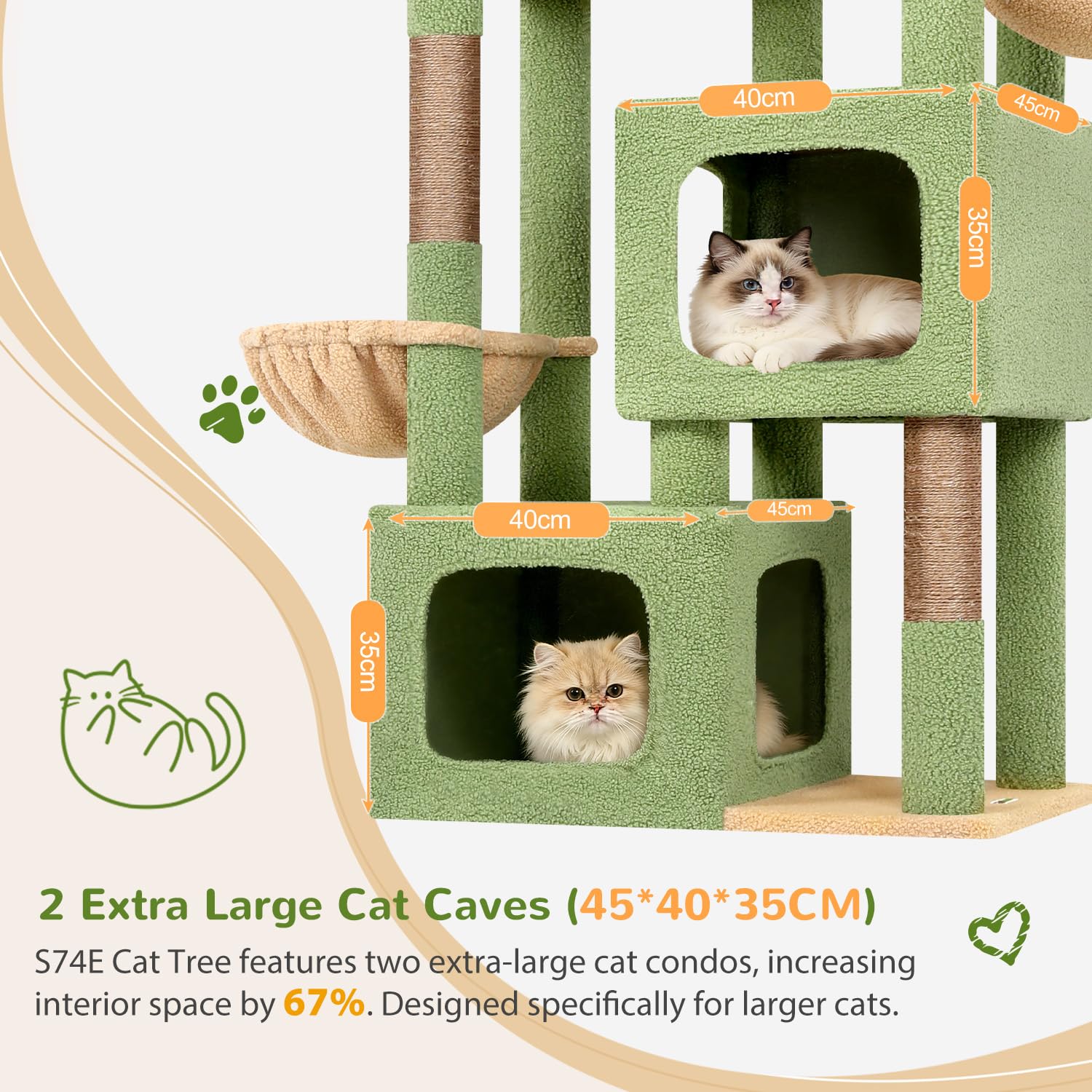 Globlazer Albero Tiragraffi per Gatti Adulti XXL 189 cm con 2 Grande Grotte 45 * 40 * 35cm, 3 Vasto Piattaforma, 2 Trespoli, 2 Cestini, Stabile Cactus Tiragraffi per 3-5 Gatti Grandi (S74E, Verde)