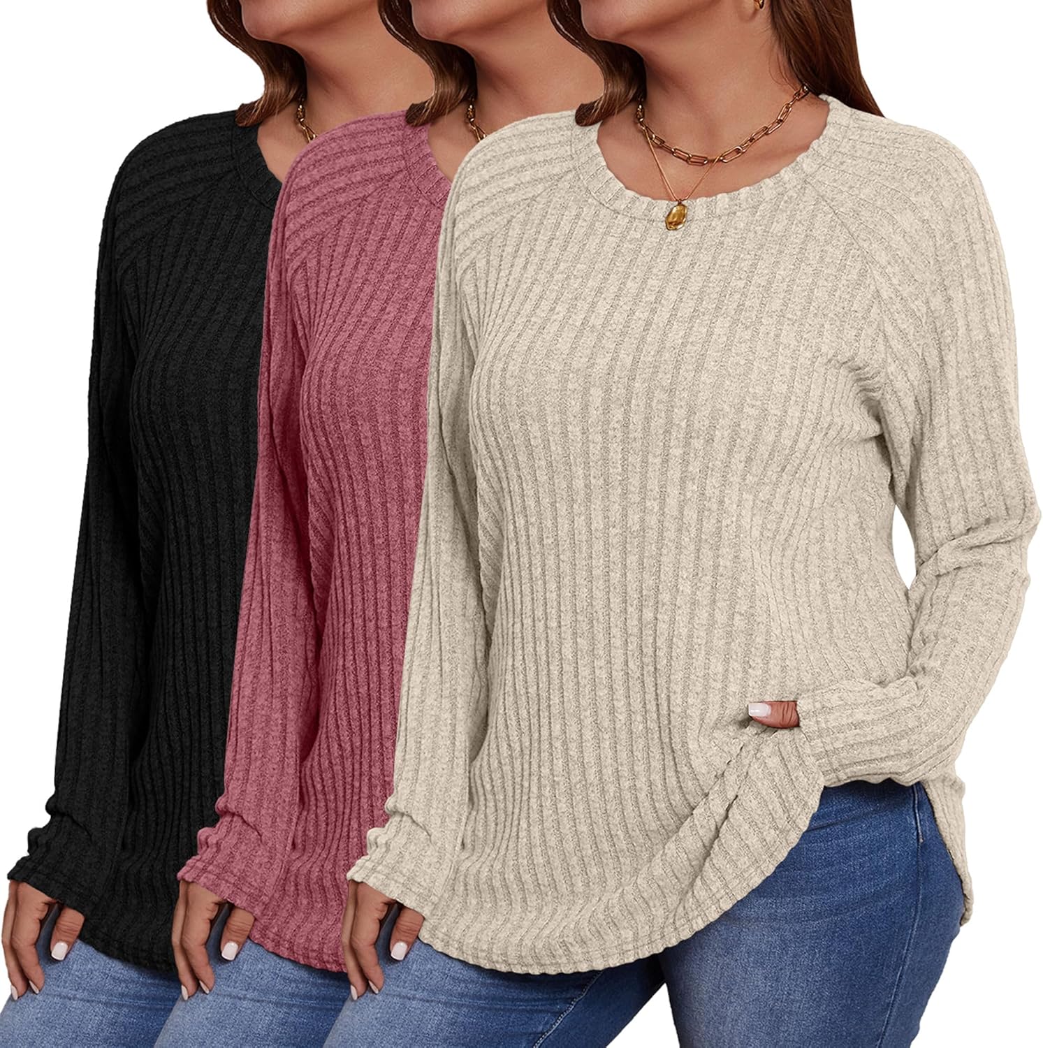 Ficerd 3 Pack Plus Size Tunic Tops for Women, Long Sleeve Women's Sweaters Curved Hem Side Split T-Shirts Crew Neck Pullover