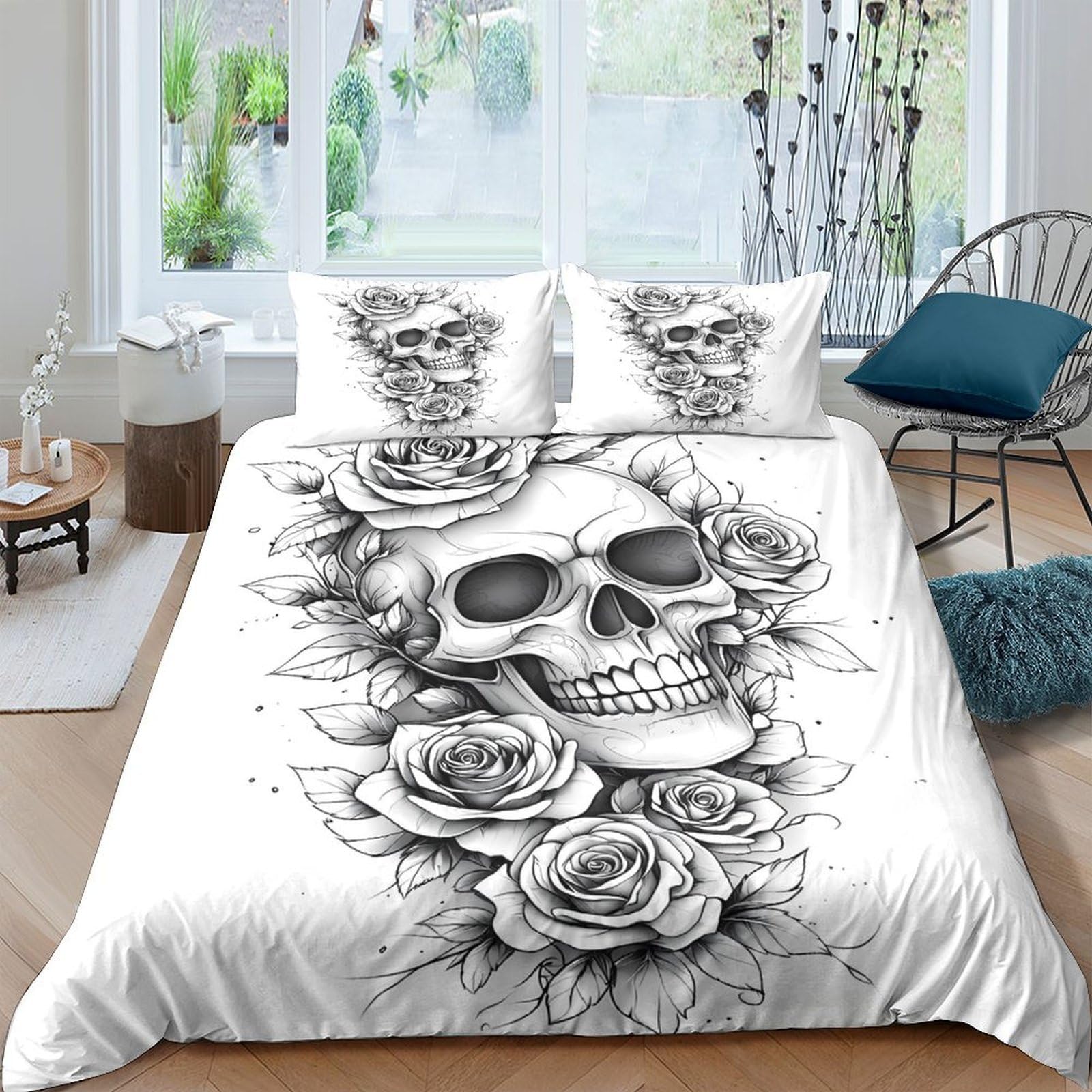 Ctjqhvkz Style-7 3D Printed Skull Rose Fitted Sheet Microfiber Soft Breathable Gothic Tattoo Bed Cover For Bedroom Dorm Mattress Decor Single（135X200cm）