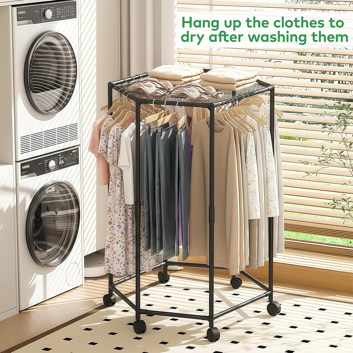 Clothes Rack with Wheels, Clothing Rack with drying mesh, Standing Garment Storage for Indoor, Hanging Rod for Bedroom Laundry Room, Coat Dress Organizer on Wheels (48.4" H)