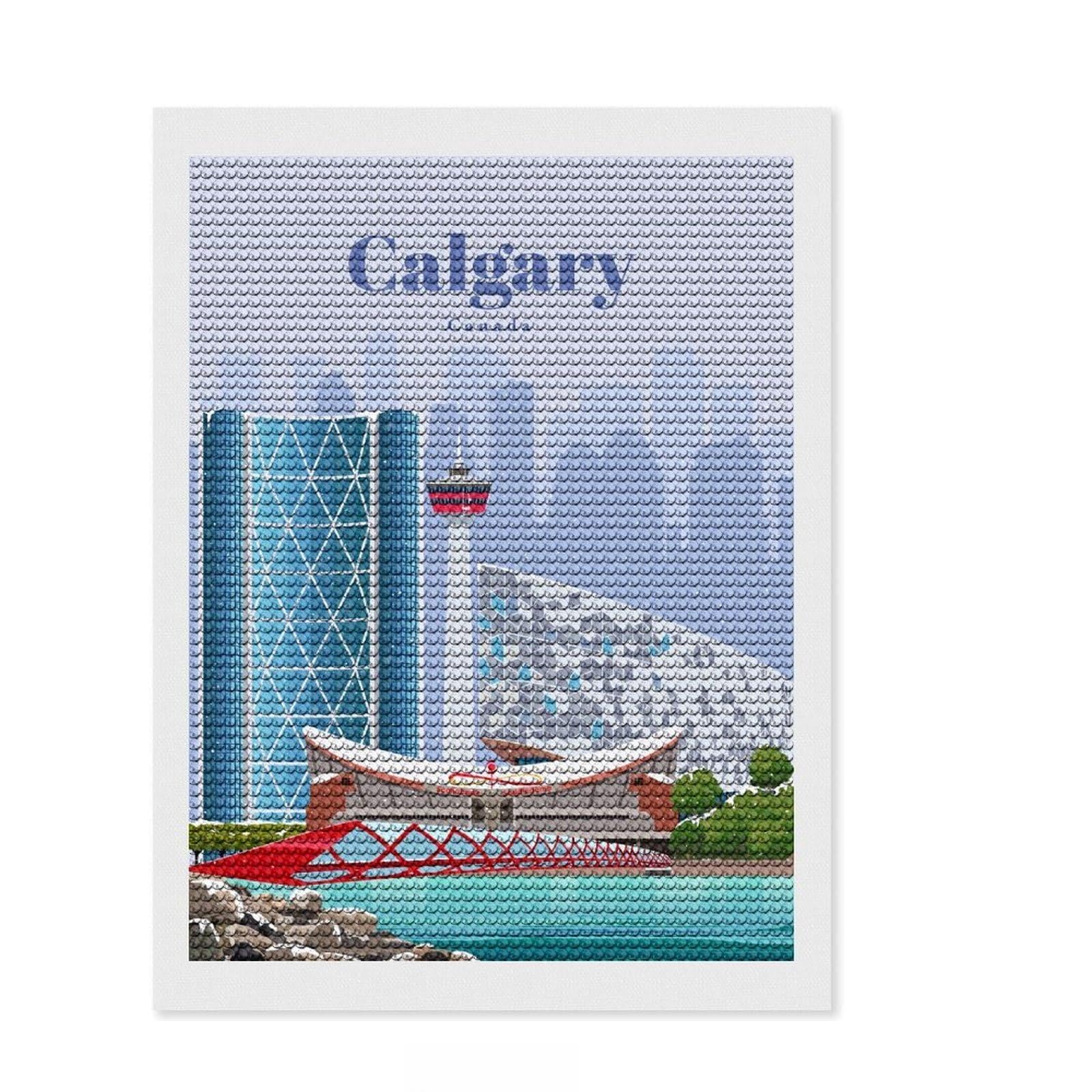 Junmoney Travel to Calgary DIY Diamond Art Canvas Kit 12"x16", for Women, Relaxing DIY, Leisure Activity, Home Wall Art, Festive Home Decor