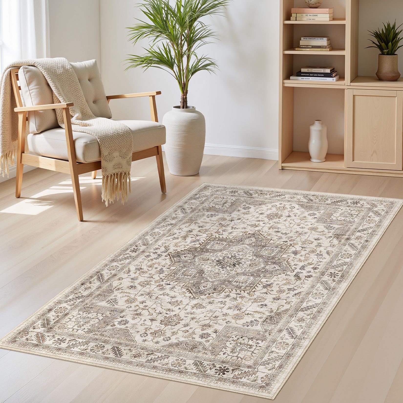 Vintage Living Room Area Rug 3x5 - Large Soft Washable Oriental Traditional Distressed Farmhouse Rugs for Bedroom - Indoor Floor Accent Carpet for Home Office House Decor - Light Brown — image 1
