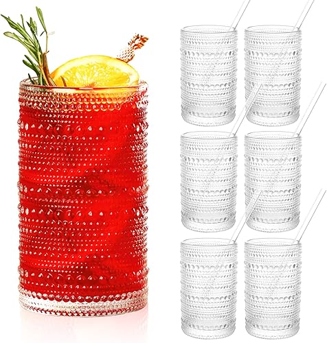 Vasos para beber vintage, juego de 6 vasos de 13 onzas, incluye 8 popotes de vidrio, cristalería acanalada, cristalería texturizada de hobuña, vasos