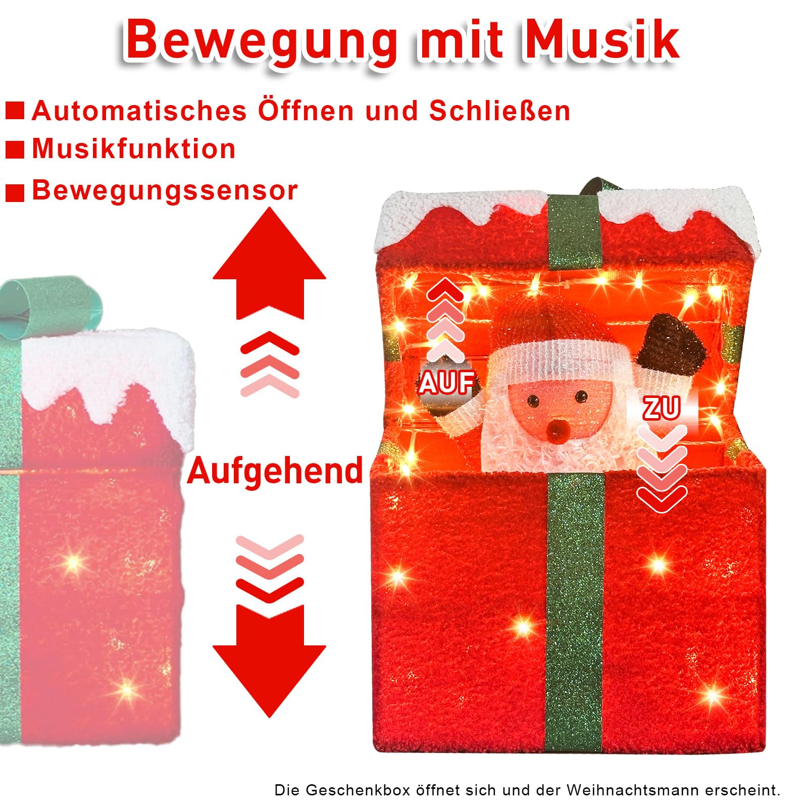 Scatola regalo LED con apertura automatica e Babbo Natale, decorazione natalizia illuminata per esterni con musica, 4 modalità e sensore di movimento, luci natalizie con 48 LED, 28×18×30 cm