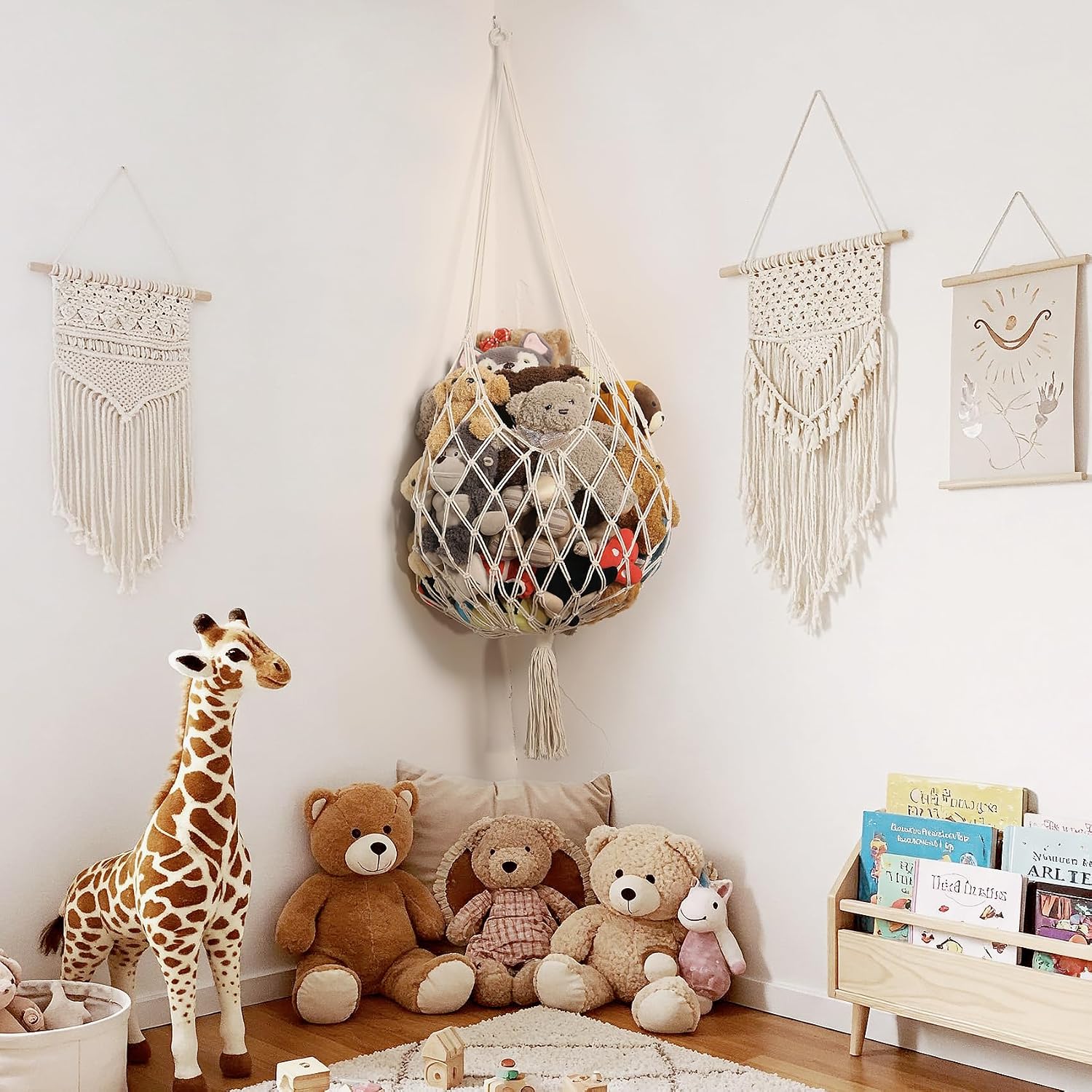 Amdermi Stuffed Animal Storage Hammock Corner Hanging Net Stuffy Animal Hammock Macrame Toy Display Plush Toy Holder for Kid Bedroom Decor Boho Nursery Playroom Organizer (Cream)