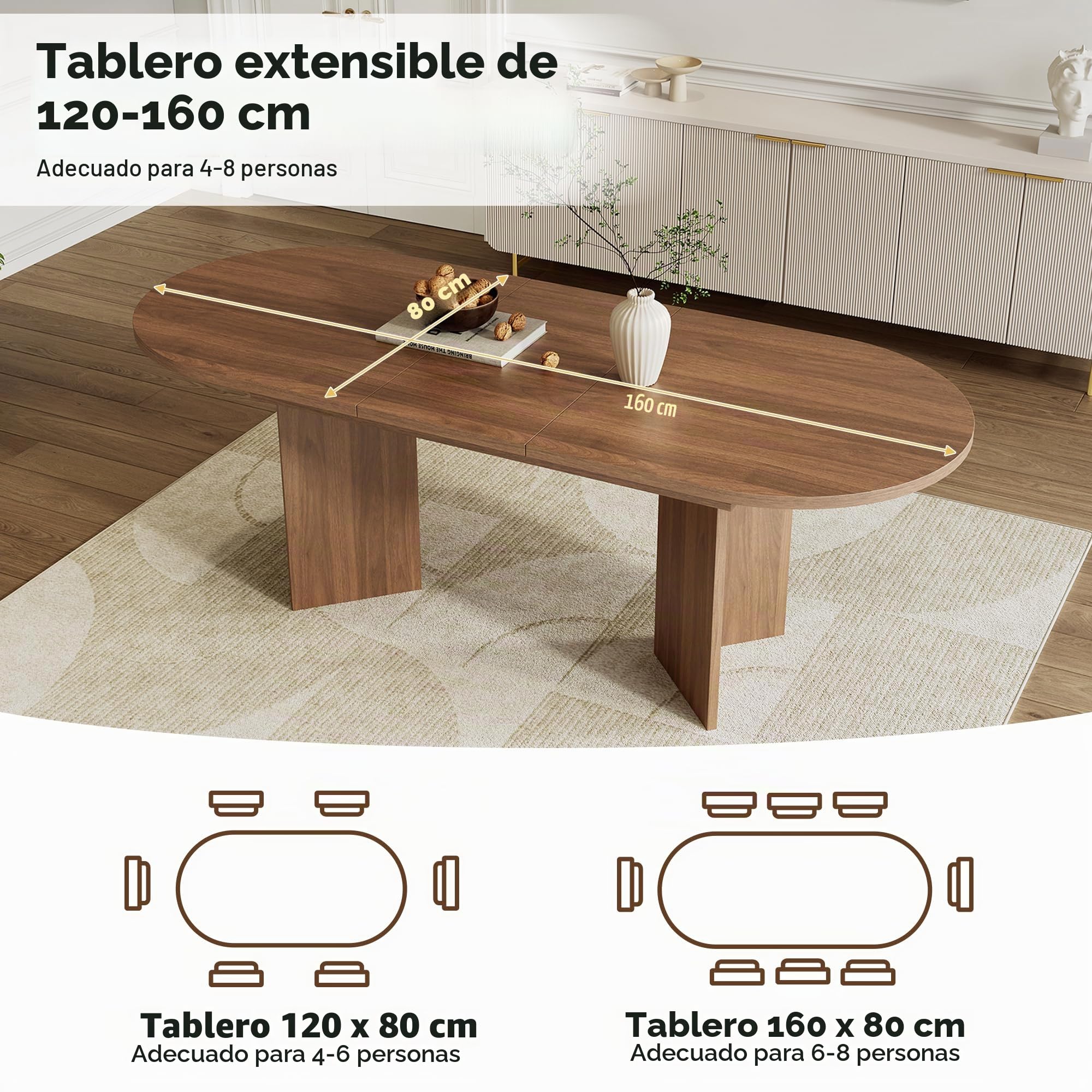 Mesa de comedor extensible 120/160 x 80 cm para 4–6 personas, mesa de comedor rectangular con esquinas redondeadas y tablero de 18 mm, mesa de cocina moderna de estilo sencillo (Nogal, 120/160 x 80 cm