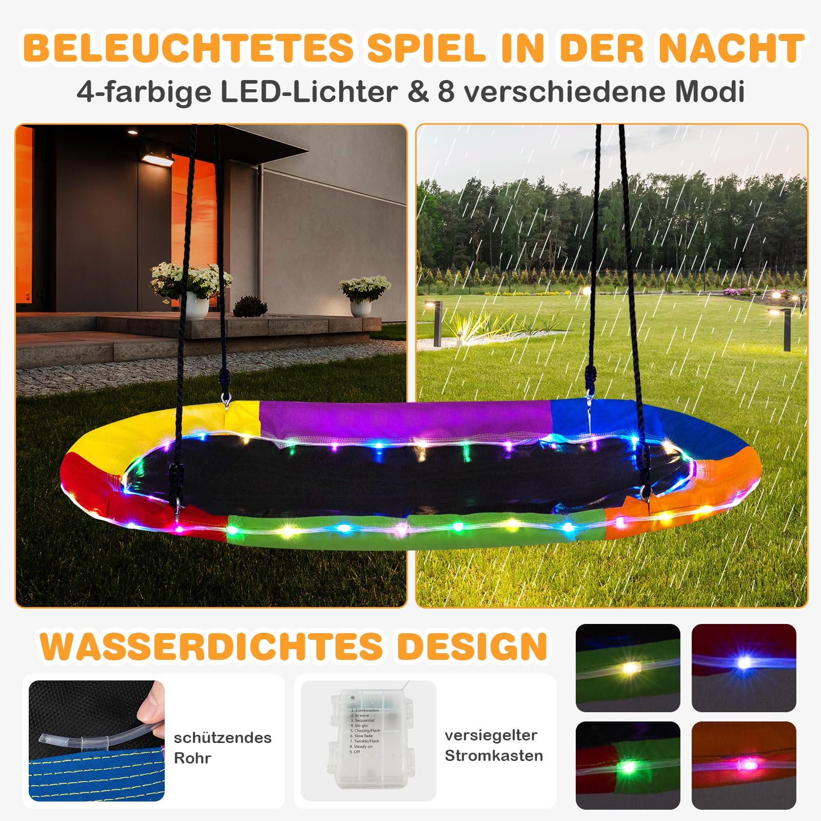 GOPLUS Nestschaukel Outdoor, 150 x 81 cm Kinderschaukel mit LED-Lichtern bis 150 kg Belastbar, Hängeschaukel 100-180 cm höhenverstellbar, Baumschaukel Rundschaukel für Kinder ab 3