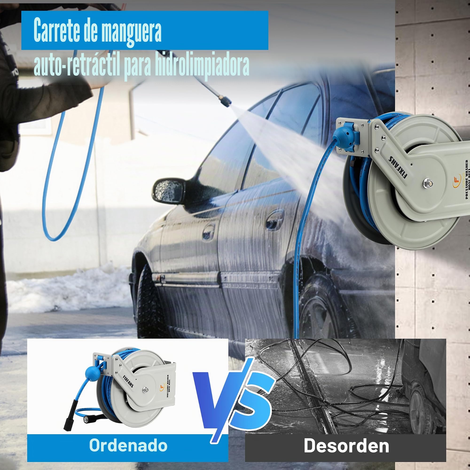 FIXFANS Carrete de manguera de lavado a presión con manguera, carrete de manguera retráctil de 1/4 pulgadas × 60 pies, carrete de manguera resistente, rebobinado automático, montado en la pared, 3600