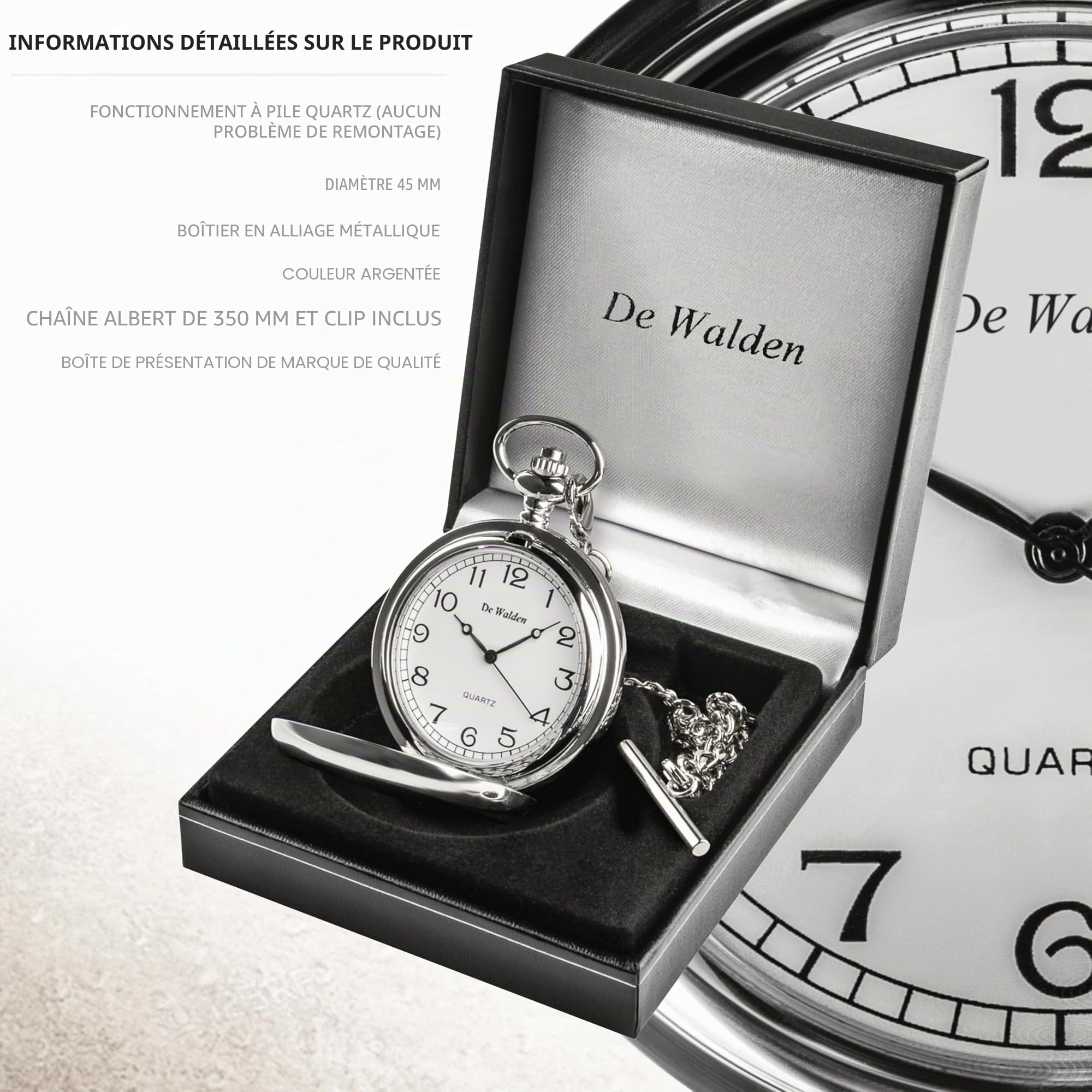 Montre gousset St Christophe en étain avec chaîne et boîte cadeau pour garçon Cadeau de baptême pour garçons filleul petit-fils, Argenté., Classique
