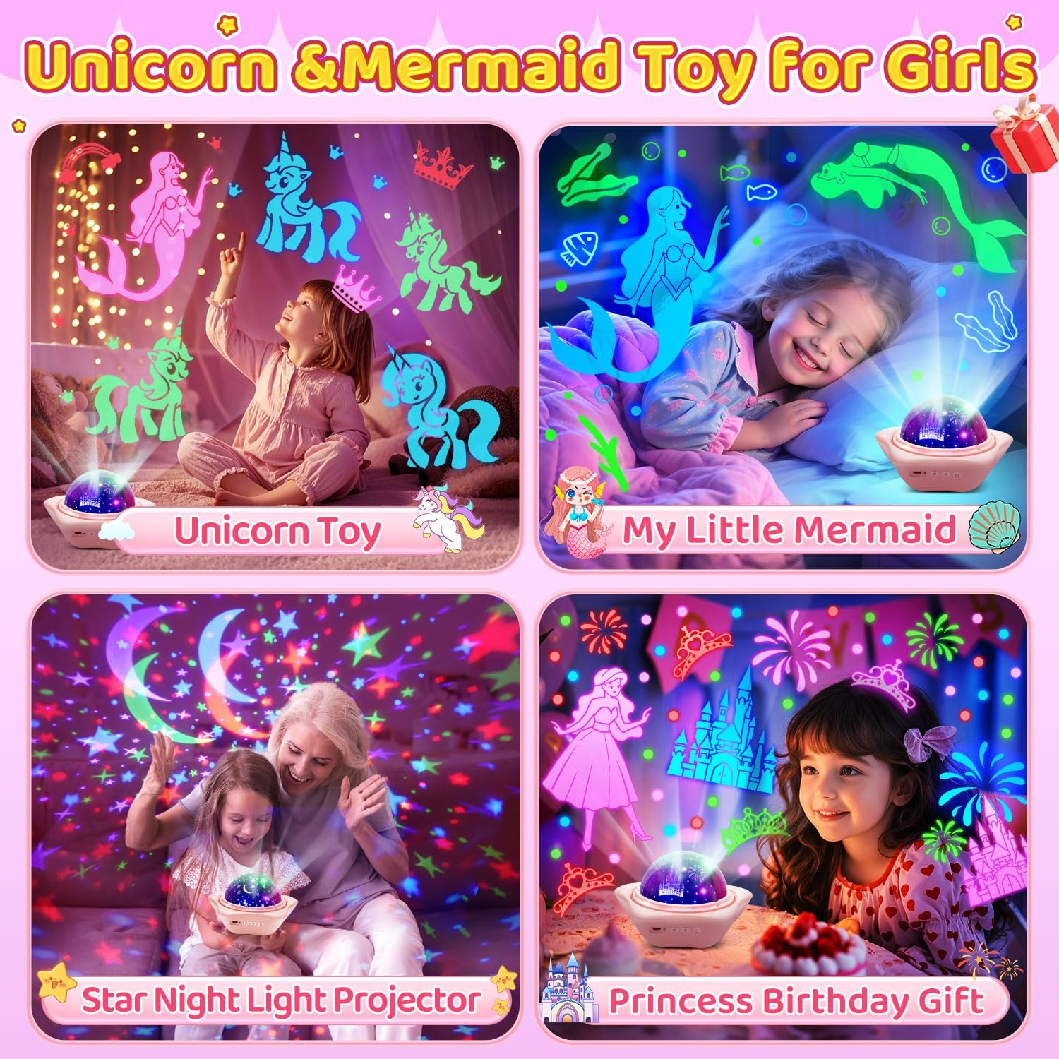 Unicorn Toys?6 Slides+96 Projections?, Unicorn Night Light Projector & Little Mermaid Toys for Girls 4-6,Princess Night Light Projector,Academy Toys,Juguetes para Niñas,Cool Gifts for 2 Year Old Girls Pink