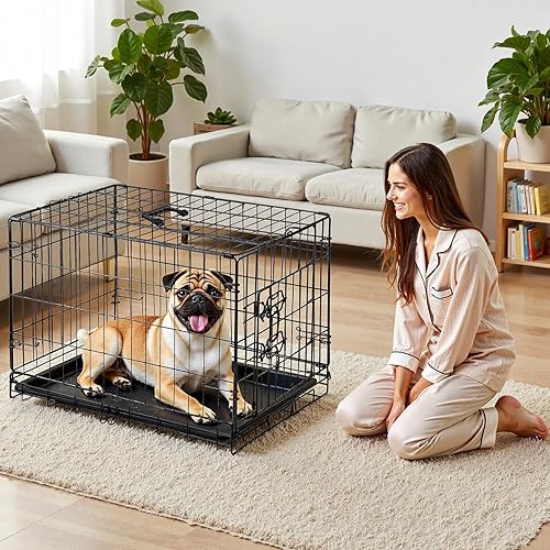 Miniatura 10 de Sweetcrispy Jaula pequeña para perros con panel divisor, jaula plegable de alambre de metal de doble puerta de 24 pulgadas con bandeja de plástico a