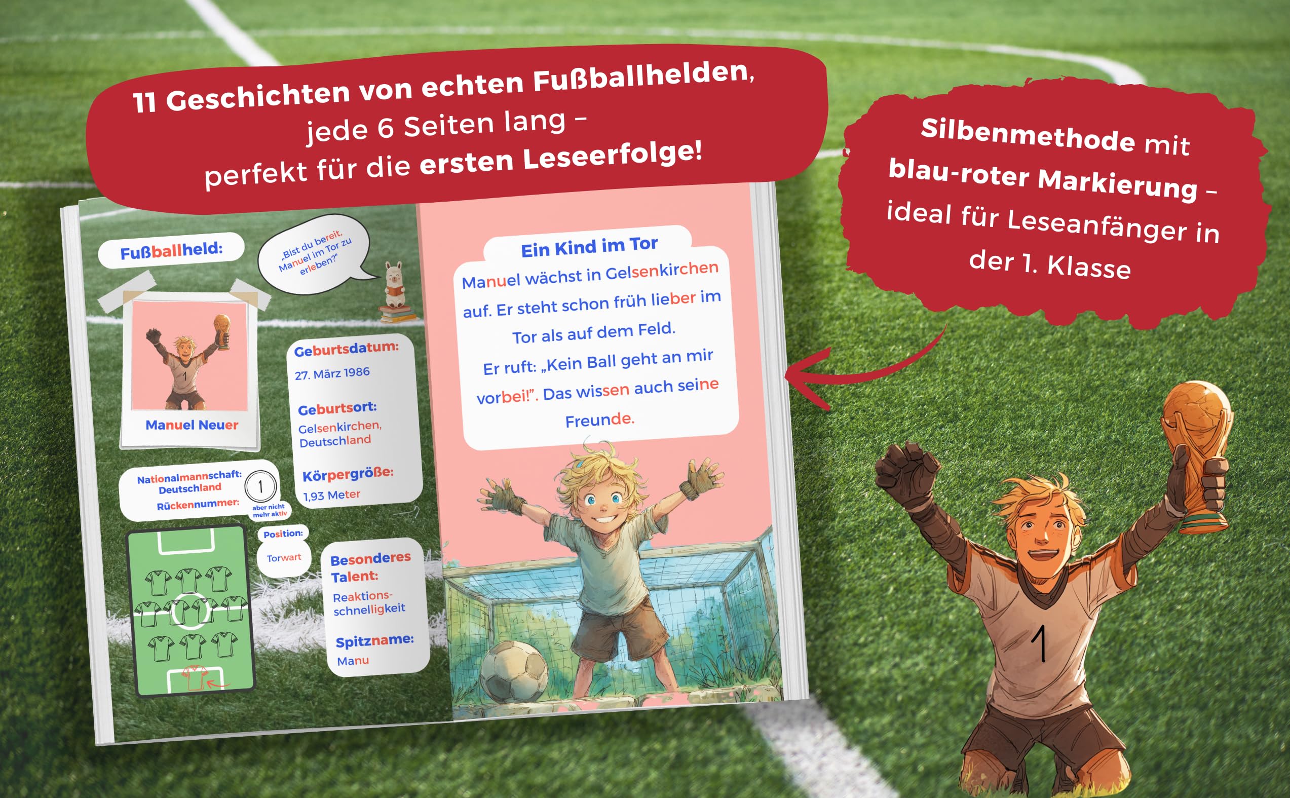 Erstlesebuch für Erstleser Jungen in der 1. Klasse | Mutmachende Geschichten von unseren Fußballhelden: großformatig und mit farbiger Silbenmarkierung (Leselama)