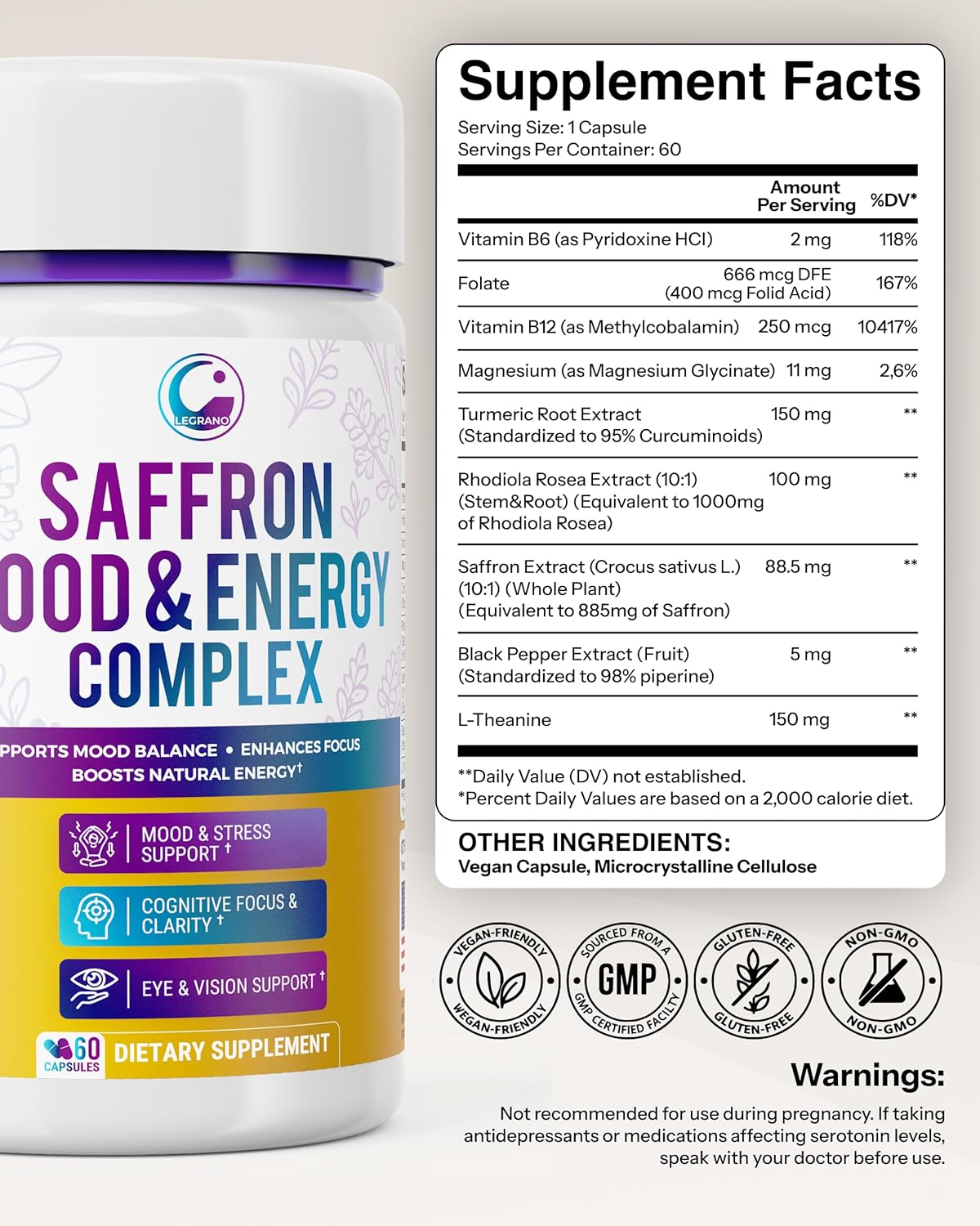 Premium Saffron Supplement with Turmeric Curcumin, L-Theanine, Magnesium & Rhodiola Rosea – Organic Saffron Extract Capsules for Mood, Energy & Vision Support (60 Capsules 2 Mouth Support) - Image 2