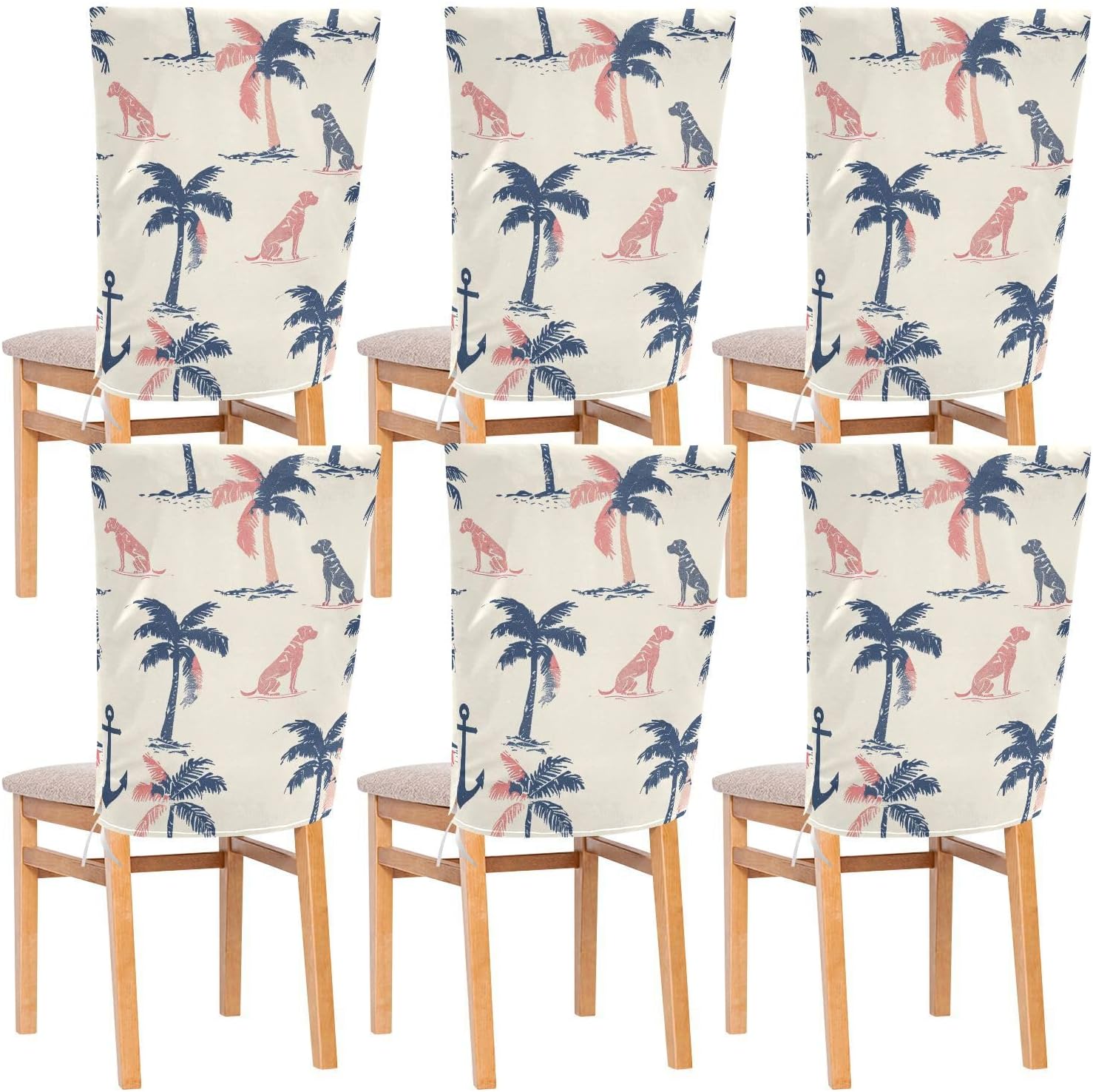 ALAZA Palm Trees Dogs Anchor Chair Back Cover Set of 6, Washable Reusable Removable Chair Slipcovers Decorative Chair Cover for Home Kitchen Wedding Party
