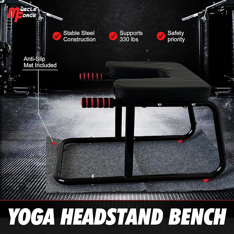 JSM FITNESS Fejenállás Szék - Acél Jóga Pad Inverziós Gyakorlatokhoz, Fekete Csúszásgátló Szőnyeggel, Otthoni Core Edzéshez, Stabil Szerkeze - Black, 64 cm x 43 cm x 37 cm, Modern
