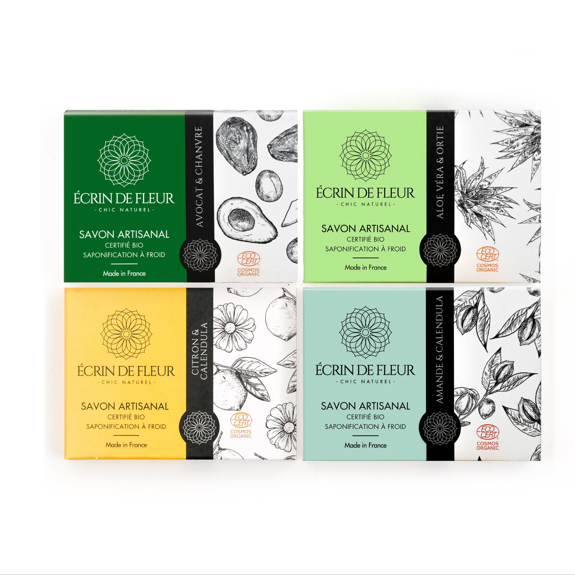 Organiczne mydło rzemieślnicze zestaw 4 szt. (Aloe Vera i pokrzywa 1 x 90 g, awokado i konopie 1 x 90 g, migdał i nagietek 1 x 90 g, cytryna i kwiat nagietka 1 x 90 g)