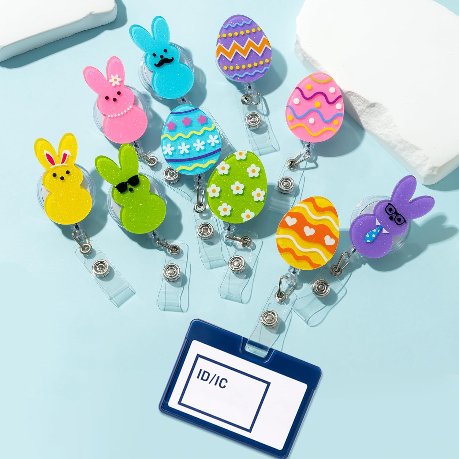 ANGOLIO Easter Bunny Peeps Badge Reels - 10Pcs Retractable Glitter Acrylic Cute Rabbit Easter Egg Badge Holder with Alligator Clip Spring Gifts ID Holder Reel for Nurse Doctor Student Teacher Employee