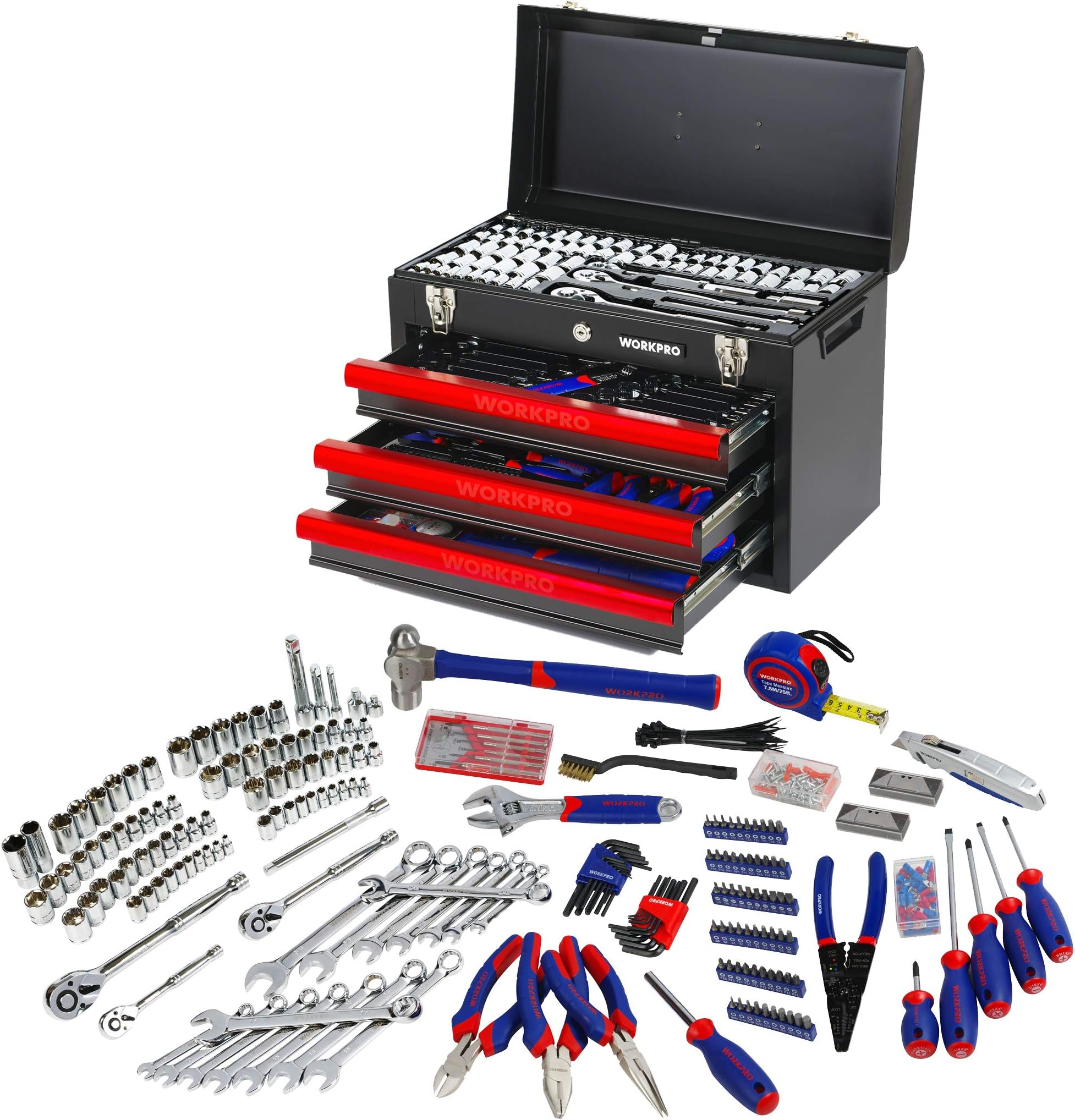 Workpro 408-Piece Mechanics Tool Set With 3-Drawer Heavy Duty Metal Box, W009044A