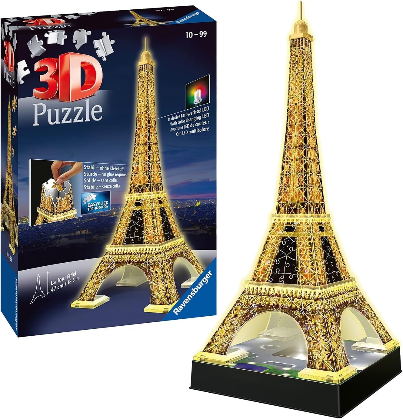 Ravensburger 3D Puzzle 12579 - Der Eiffelturm Night Edition - das weltbekannte Wahrzeichen von Paris - LED beleuchtetes 3D Modell zum selbst Aufbauen - ab 10 Jahren