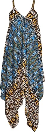 Mogul Interior Womens Blue Handkerchief Hem Boho Dress Spaghetti Strap Printed Cover up M