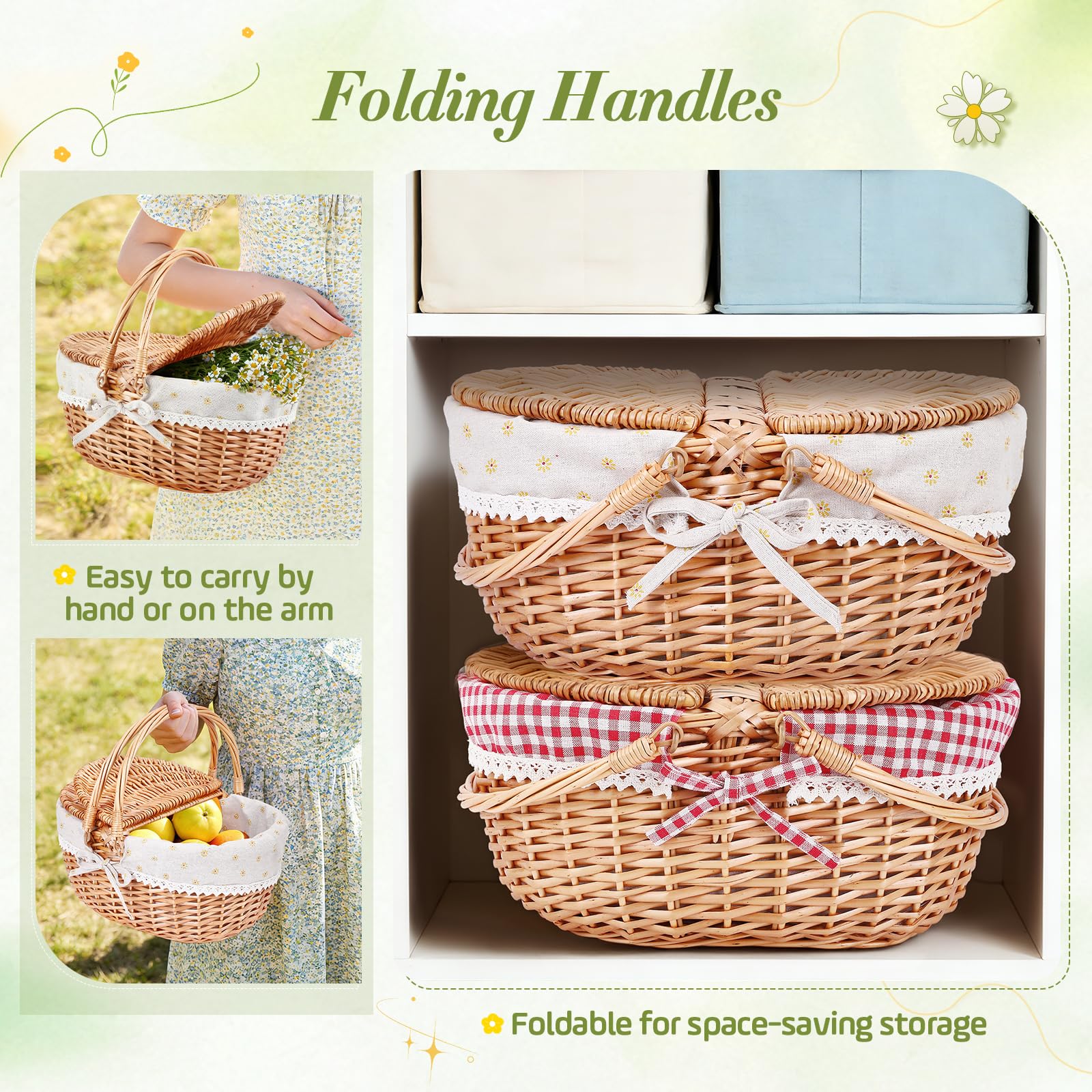 Wicker Picnic Basket Cesto Picnic in Vimini Fatto a Mano, Grande Cesto Portaoggetti con Doppio Coperchio Ribaltabile & Manico Pieghevole per Picnic all’Aperto, Spiaggia,Deposito Hiking, BBQ