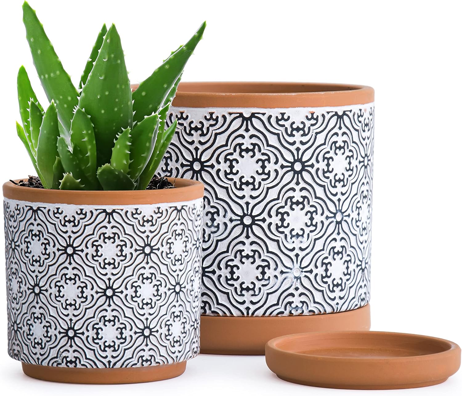 D'vine Dev Set of 2 Terracotta Pots, Vintage Design Planter Pot, 4 Inch and 6 Inch, Pot with Drainage Hole and Saucer, Terracotta/Black, 31-958-E-2