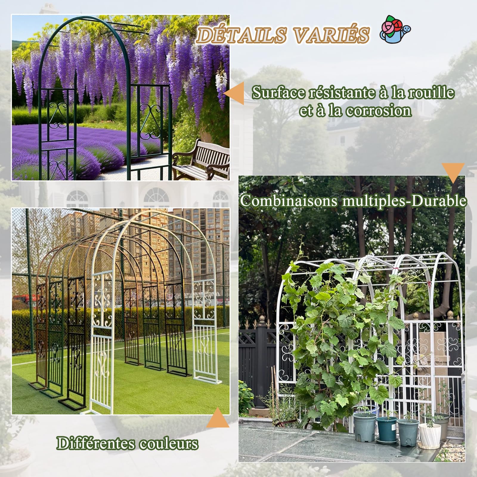 Gartenpavillon aus weißem Metall, eleganter Kletterpflanzenbogen für Hochzeiten und Outdoor-Dekoration, verstärktes flaches Design, L300 x B40 x H230 cm, romantische Gartenstruktur