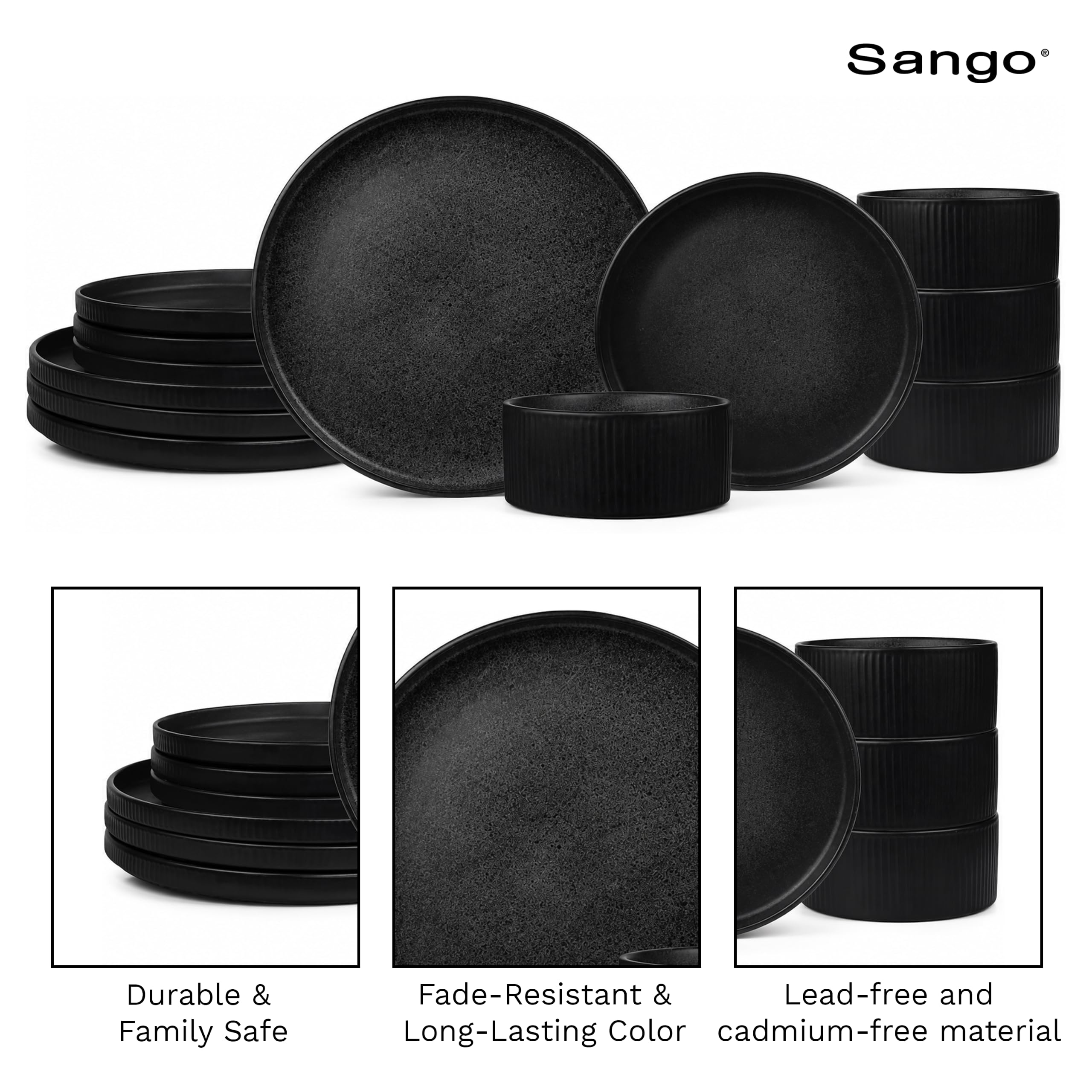 Sango Anderson Geschirr-Set aus Steingut, geriffelt, modernes schwarzes Geschirr für 4 Personen, Premium-Servierteller und Schüssel-Sets, splitter- und kratzfest, Keramik-Küchenschale, mikrowellen