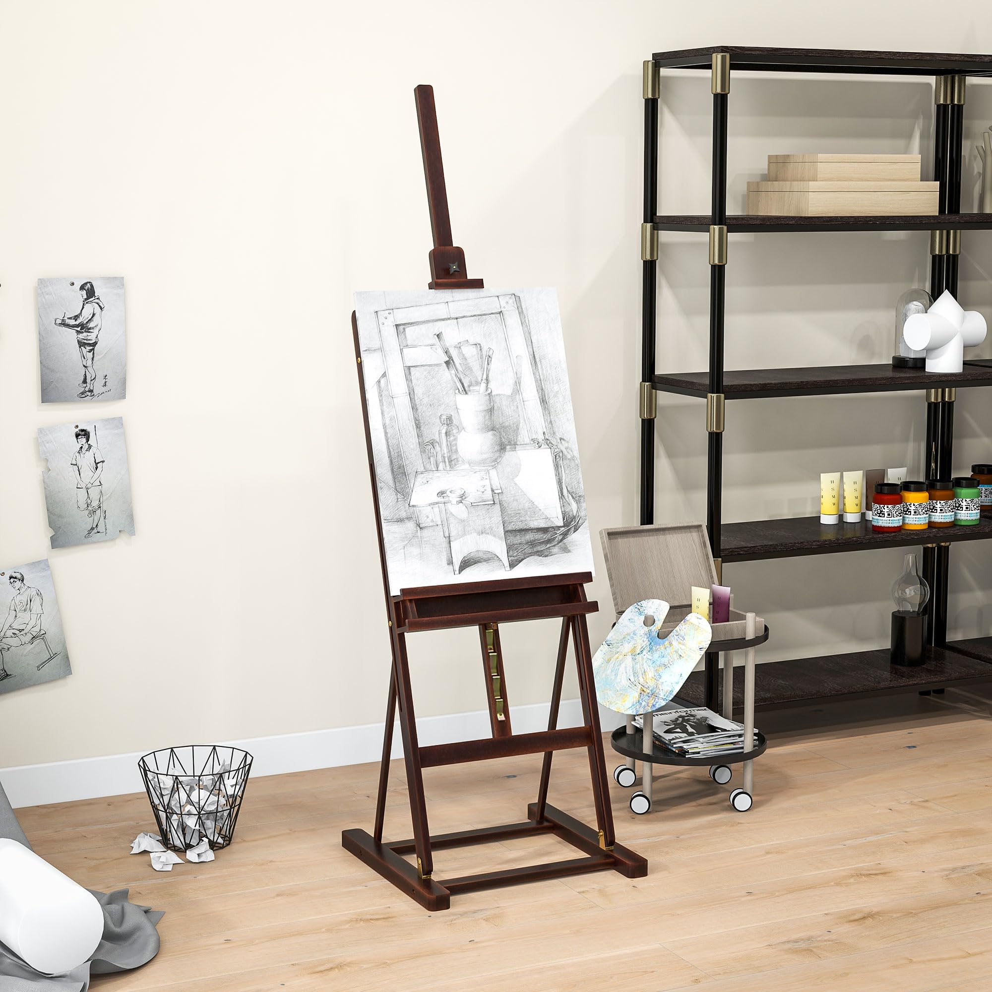 HOMCOM Caballete de Pintura con Altura y Ángulo Ajustables 230 cm Marrón | Caballete de Madera, Almacenamiento, para Adultos, Artistas, Pintor, Estudiantes