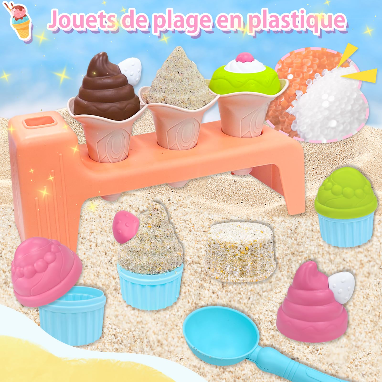 VBACALA BACALA Jouets de Plage, Jouets de Crème Glacée pour Enfants, Pelle de Sable, Moulage de Crème Glacée, Jouet de Gâteau de Plage, Jeux de Rôle de Plage pour Les Enfants âgés de 3 Ans et Plus