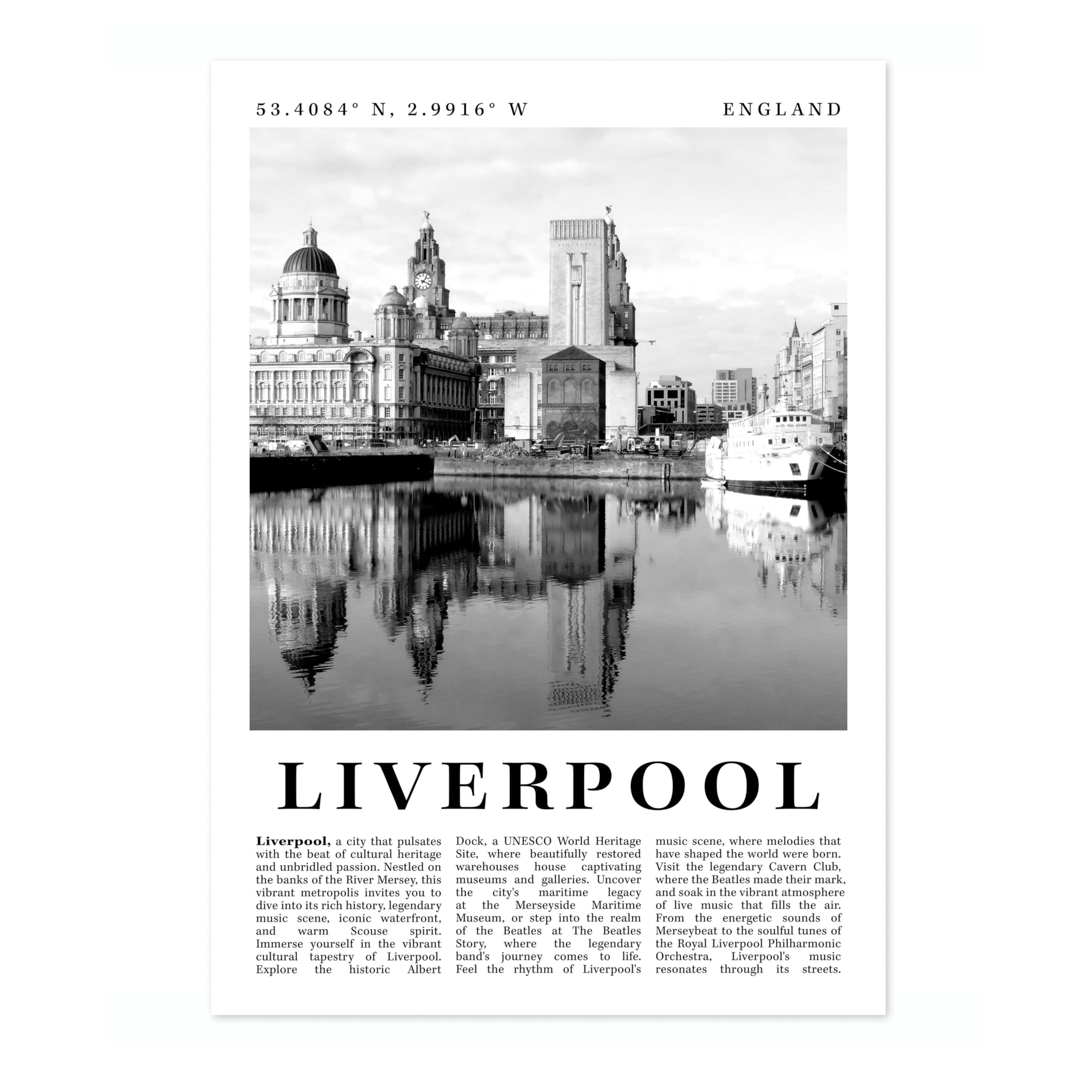Liverpool - England England Travel Poster, Black And White Photographic City Destination Print, Britain Picture, Living Room Decor, Archival Matte, A2 (Print Only) - 59.4x42cm