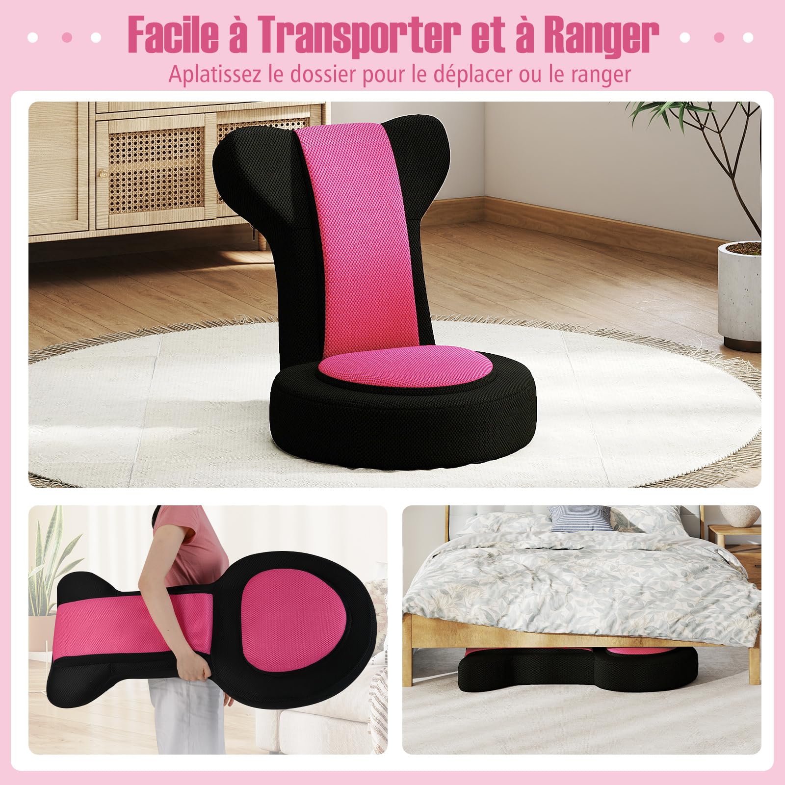 COSTWAY Fauteuil de Sol, Chaise Canapé Paresseuse avec Appuie-tête et Dossier Réglables, Coussin Rembourré, Chaise de Sol Pliable pour Méditation, Lecture, Jeu, Loisirs à Domicile, Chambre (Rose)