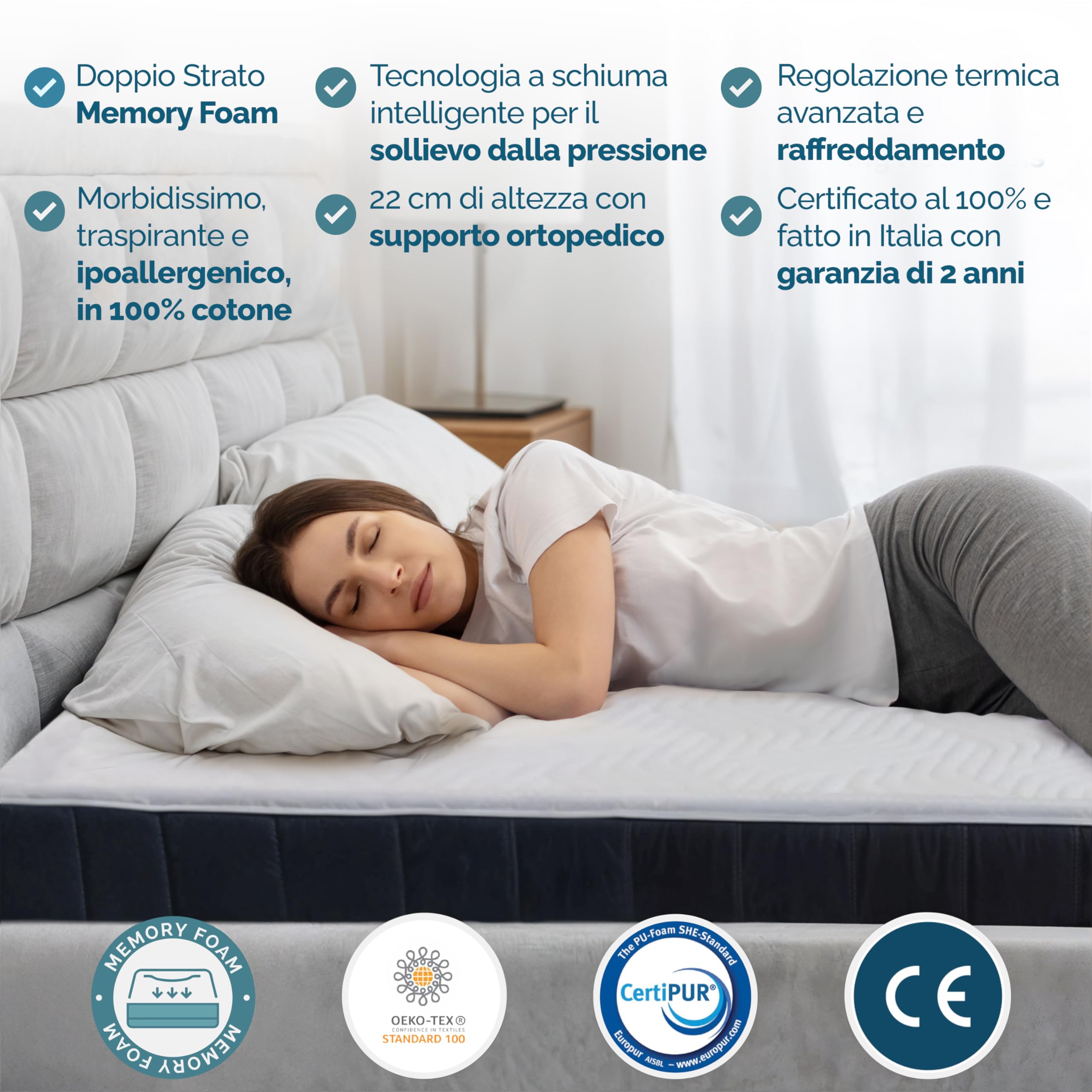 TANHK Materasso Memory Foam 160x200, 22cm, Rigidità Media, Spessore Migliorato, Rivestimento 100% cotone, Made in Italy