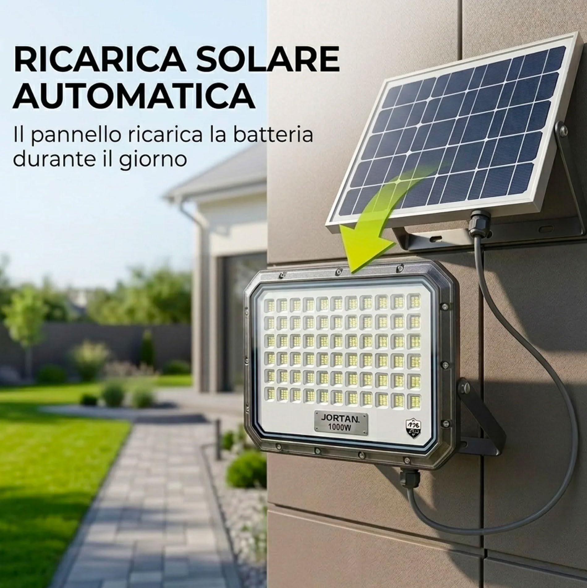 081 Store - Faro Solare LED 1000W da Esterno con Pannello Solare Separato, Faretto LED IP66 Impermeabile con Telecomando, Sensore Crepuscolare Automatico, Luce Solare Giardino Cortile Garage Parcheggi
