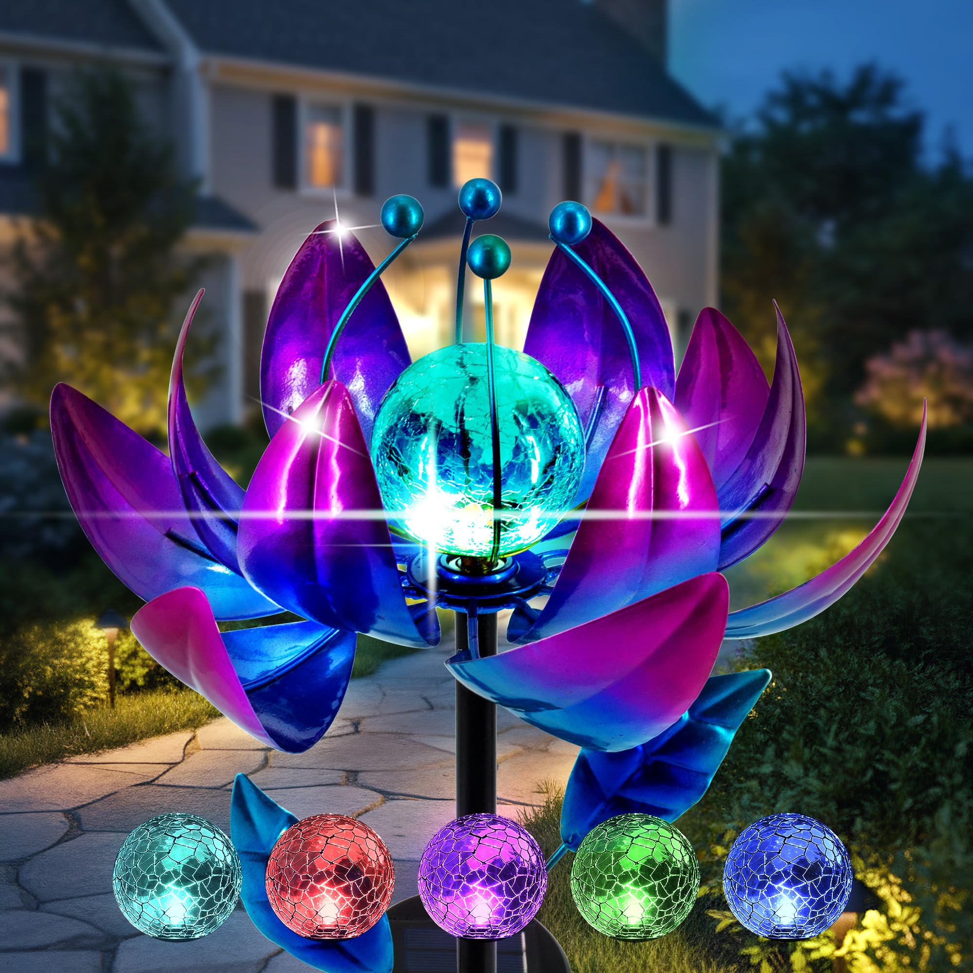 Luci a vento solare per esterni, fiore di loto rosa con sfera di vetro incrinato e LED che cambiano colore, decorazione da giardino in metallo da 101 cm, per cortile, patio, a energia solare