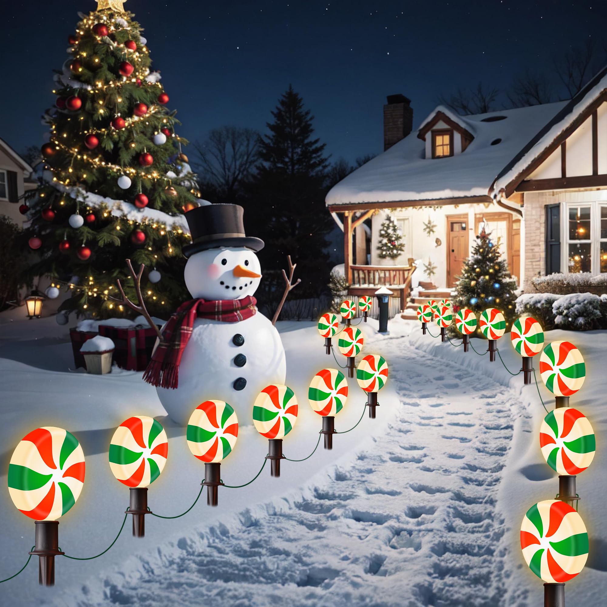 Luces de camino de piruleta de Navidad para jardín, decoración de Navidad, rojo y verde, 10 luces LED de menta con estacas para acera al aire libre, camino, techo, césped, jardín