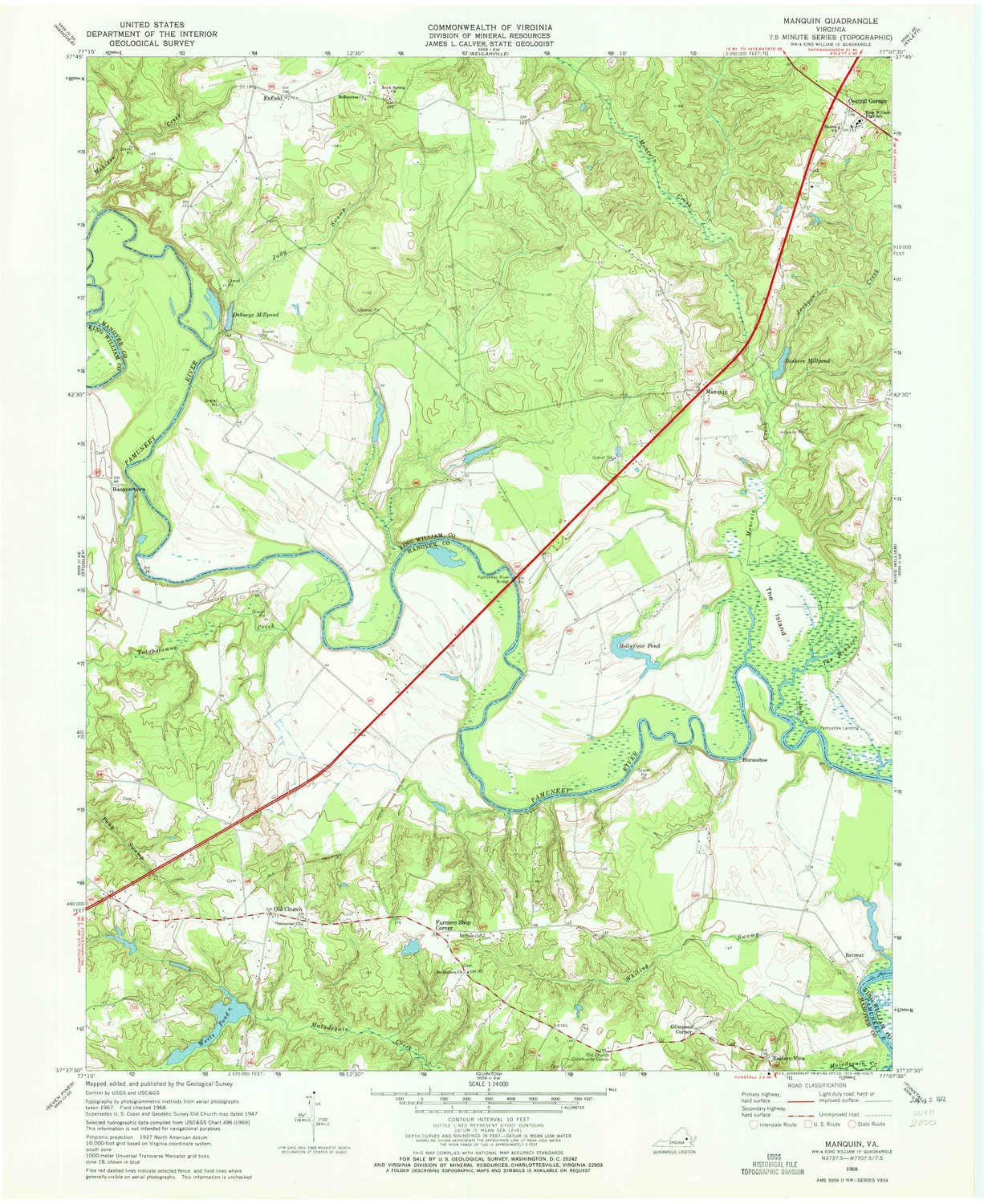 Manquin VA topo map, 1:24000 Scale, 7.5 X 7.5 Minute, Historical, 1968, Updated 1972, 27 x 22 in