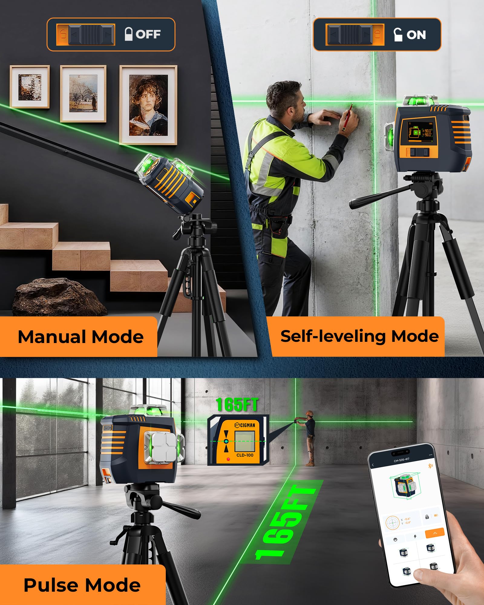 Niveau laser 360 autonivelant CIGMAN à commande gestuelle, laser vert 30 m pour laser chantier, contrôle lignes & luminosité par gestes, mode stroboscopique, Bluetooth APP, 2 batteries Li-ion pour lon