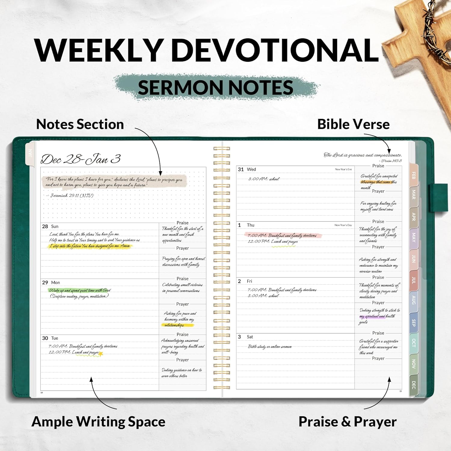 2026 Christian Planner - 12 Month Bible Journal and Prayer Planner 9"x11.2" Spiral Bound, Monthly & Weekly Christian Organizer Gifts for Women Men (Pacific Green) - Image 3