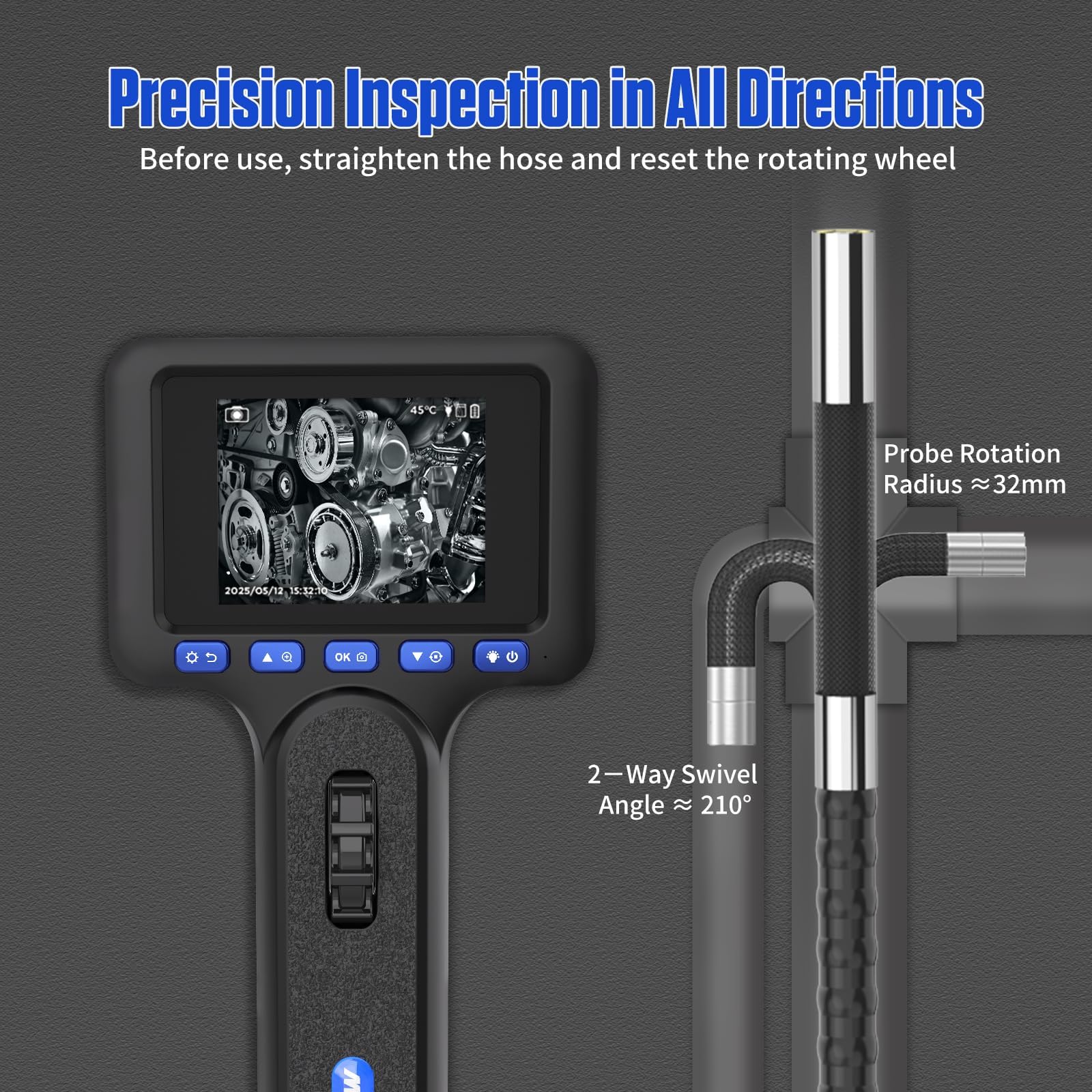 BELEY Cámara Endoscópica con luz, Endoscopio Camara de Inspeccion 1080P con Iluminación LED de 4 Niveles, Cabeza Móvil 210° IP67 Resistente al Agua, Tarjeta de Memoria de 32 GB, Sonda de 1m