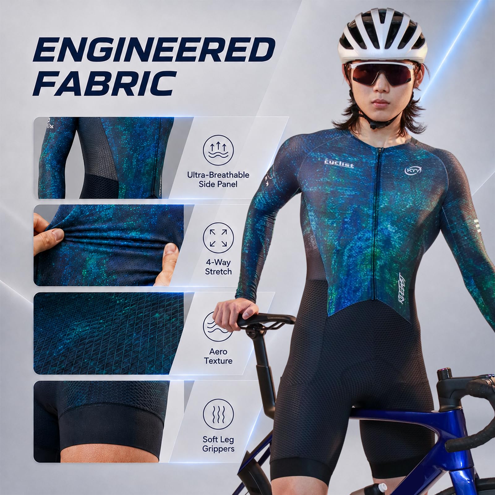 Herren Rennrad-Einteiler Langarm | Aero-Skinsuit, hochdichtes Sitzpolster, atmungsaktiv, schnelltrocknend, UPF 50+ & 3 Rückentaschen – für Rennrad & Triathlon