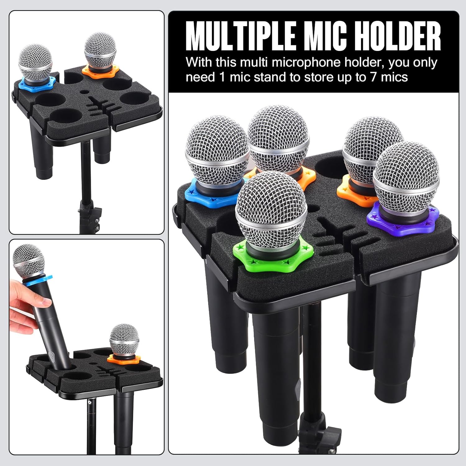 Facmogu Multi Microphone Holder, Square Tray Mics Holder with Cable Slots Holds Up to 7 Mics, Aluminum Multi Mic Holder for Organize and Display, Wired and Wireless Mic Holder (Color Ring Not Include)